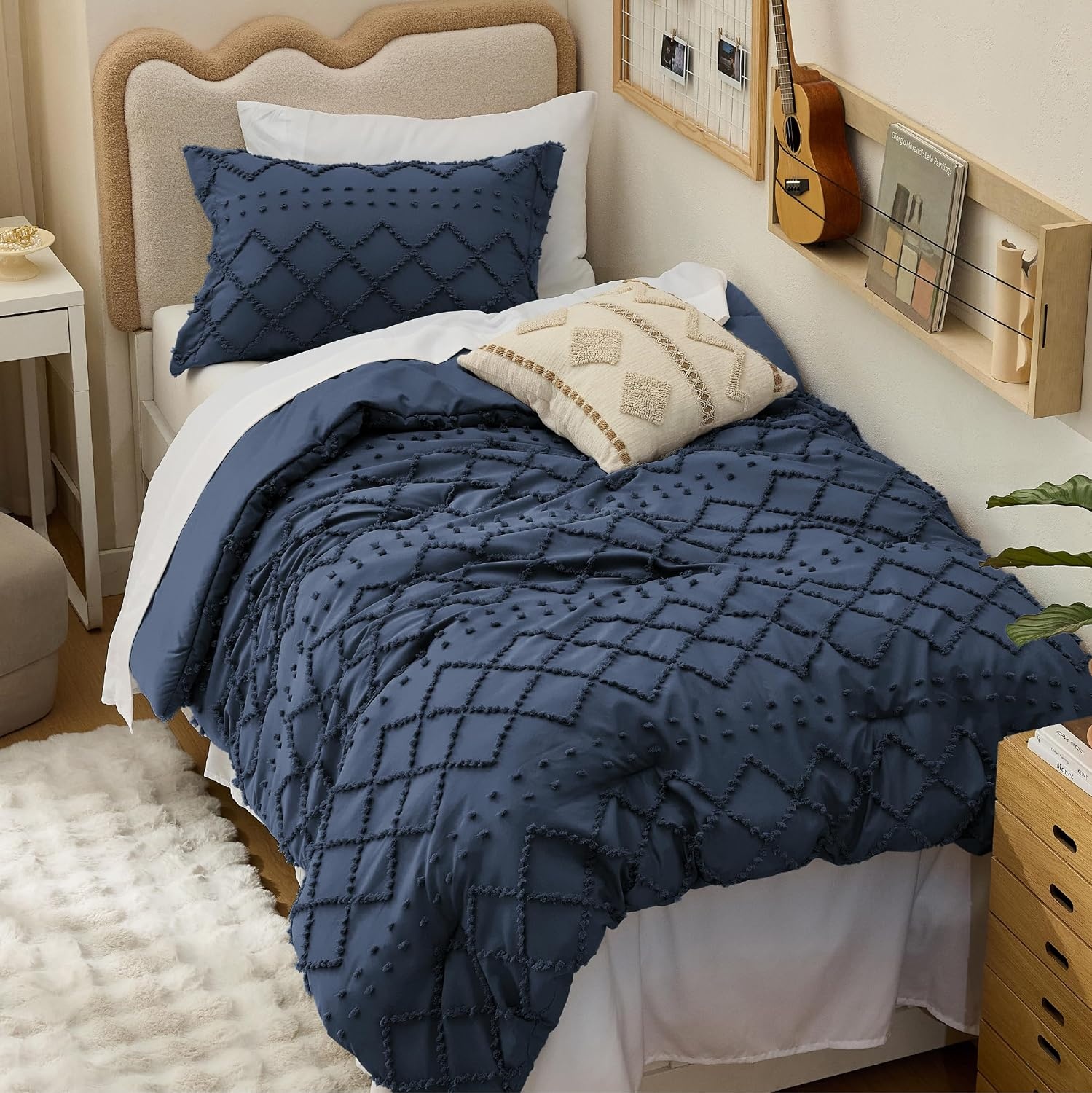 image:imageBedsure Twin XL Comforter Set  White Comforter Boho Tufted Distressed Vintage Bedding for Kids 2 Pieces FarmhouseStyle Bed Set for All Seasons Fluffy Soft Bedding with 1 Pillow Sham05  Navy