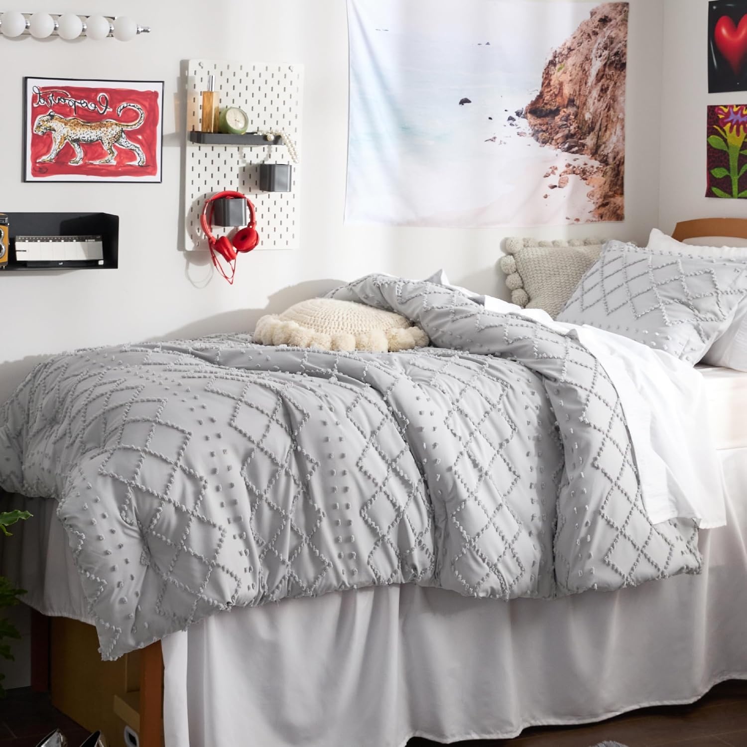 image:imageBedsure Twin XL Comforter Set  White Comforter Boho Tufted Distressed Vintage Bedding for Kids 2 Pieces FarmhouseStyle Bed Set for All Seasons Fluffy Soft Bedding with 1 Pillow Sham15  Light Grey