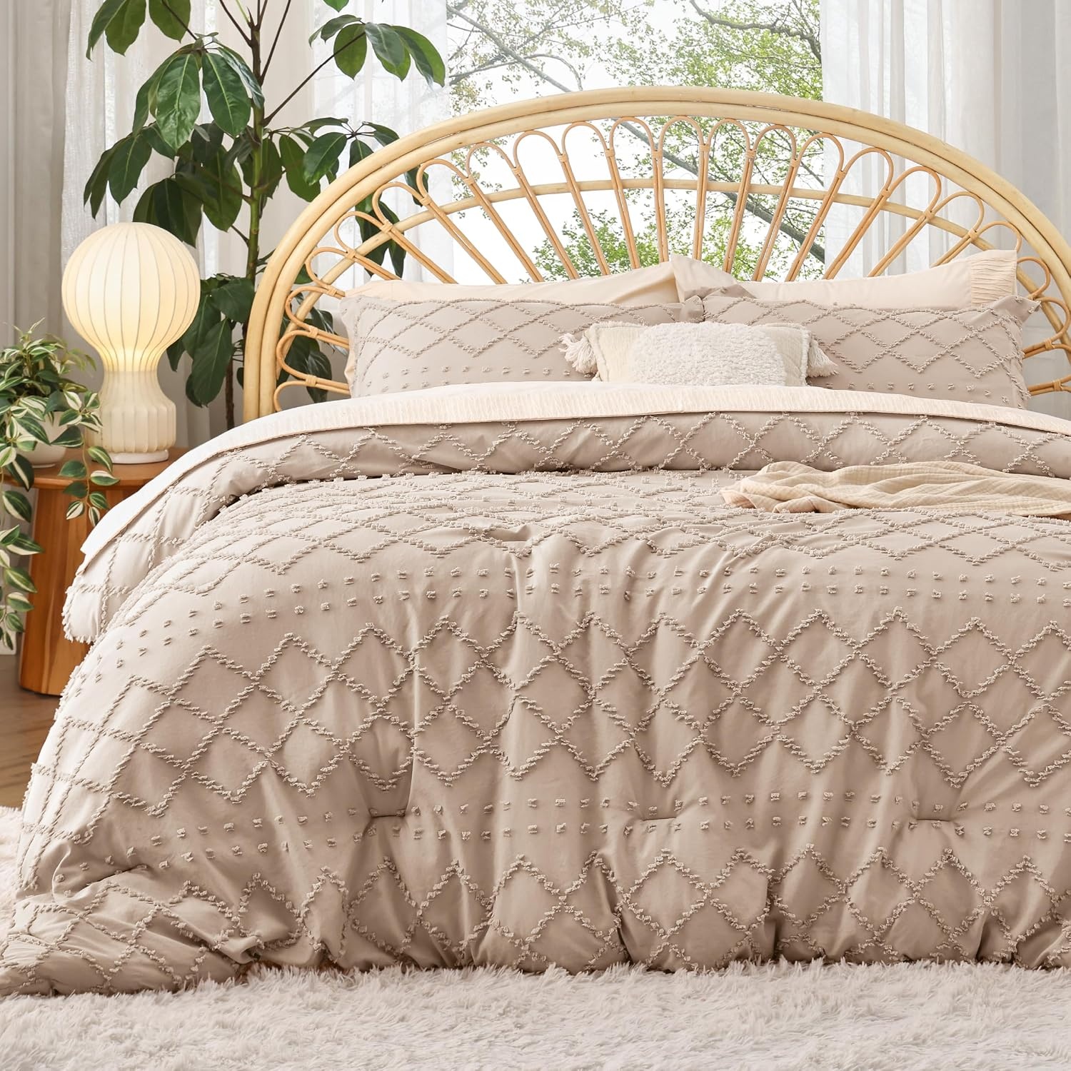image:imageBedsure Twin XL Comforter Set  White Comforter Boho Tufted Distressed Vintage Bedding for Kids 2 Pieces FarmhouseStyle Bed Set for All Seasons Fluffy Soft Bedding with 1 Pillow Sham16  Warm Tan