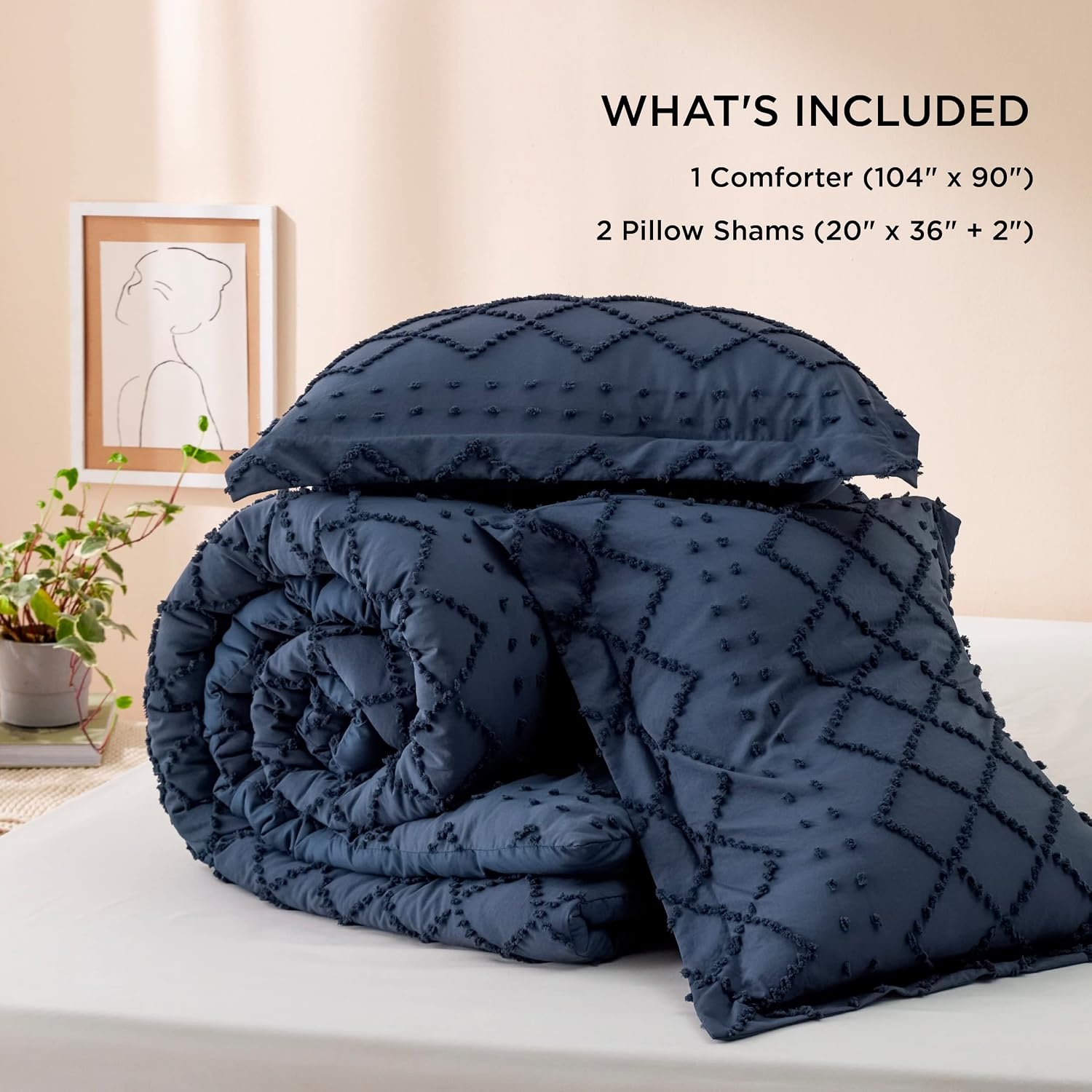image:imageBedsure Twin XL Comforter Set  White Comforter Boho Tufted Distressed Vintage Bedding for Kids 2 Pieces FarmhouseStyle Bed Set for All Seasons Fluffy Soft Bedding with 1 Pillow Sham05  Navy