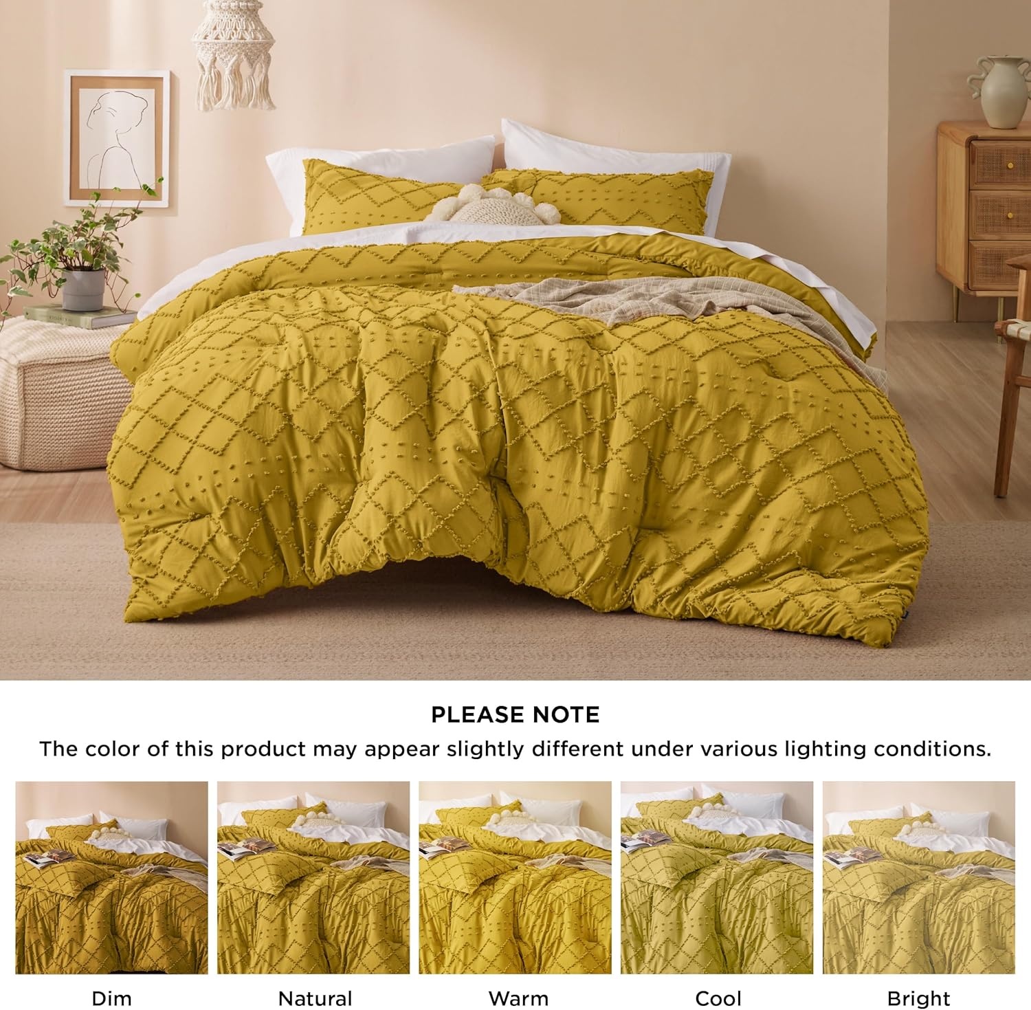 image:imageBedsure Twin XL Comforter Set  White Comforter Boho Tufted Distressed Vintage Bedding for Kids 2 Pieces FarmhouseStyle Bed Set for All Seasons Fluffy Soft Bedding with 1 Pillow Sham22  Mustard Yellow