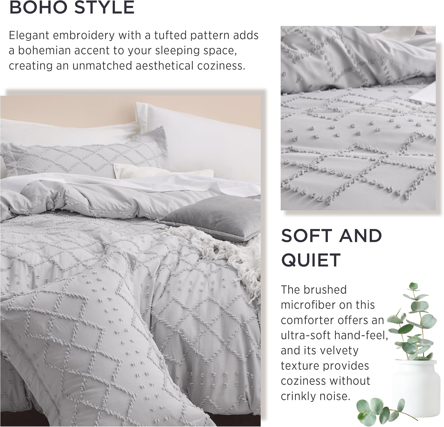 image:imageBedsure Twin XL Comforter Set  White Comforter Boho Tufted Distressed Vintage Bedding for Kids 2 Pieces FarmhouseStyle Bed Set for All Seasons Fluffy Soft Bedding with 1 Pillow Sham15  Light Grey