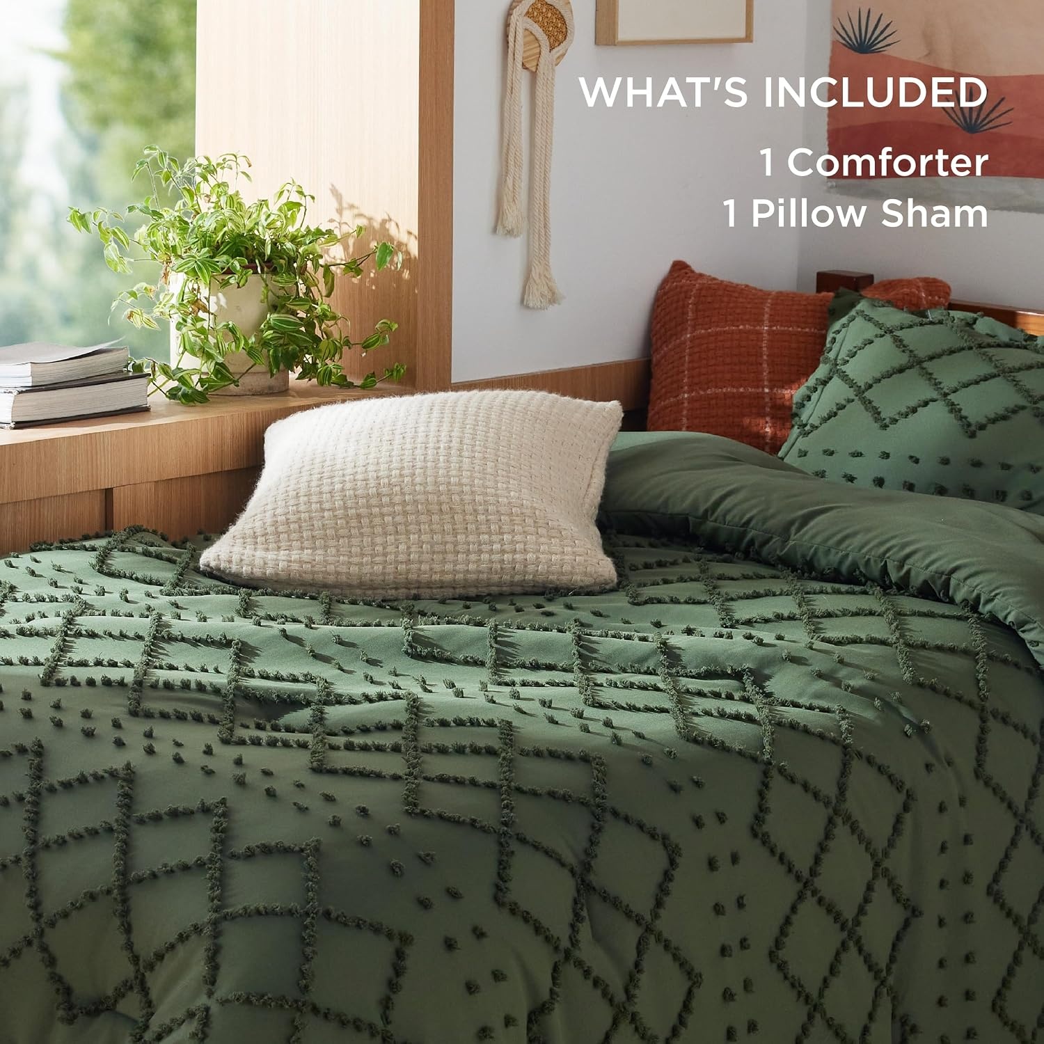 image:imageBedsure Twin XL Comforter Set White Comforter Boho Tufted Distressed Vintage Bedding for Kids 2 Pieces FarmhouseStyle Bed Set for All Seasons Fluffy Soft Bedding with 1 Pillow Sham02 Olive Green