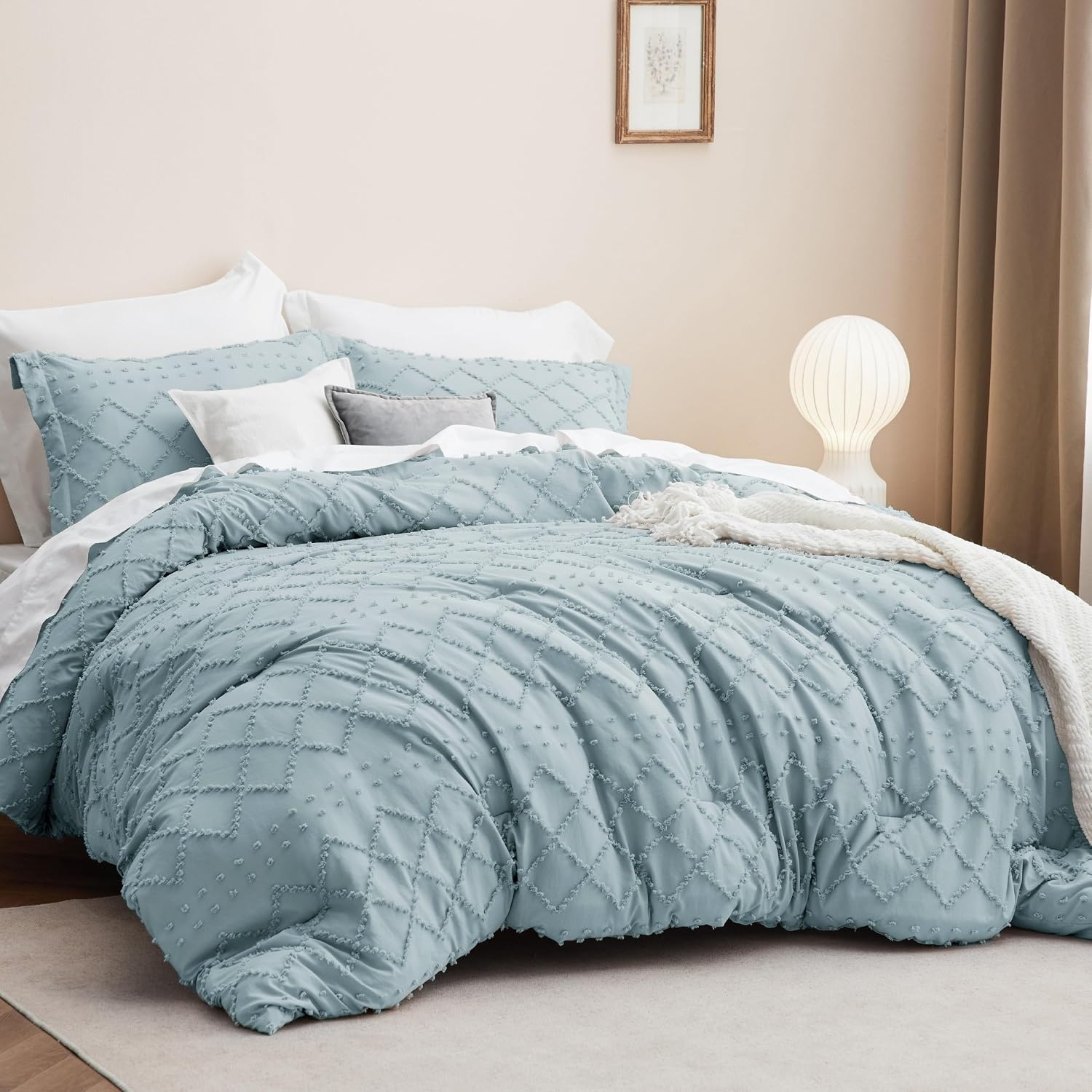 image:imageBedsure Twin XL Comforter Set  White Comforter Boho Tufted Distressed Vintage Bedding for Kids 2 Pieces FarmhouseStyle Bed Set for All Seasons Fluffy Soft Bedding with 1 Pillow Sham10  Dusty Blue