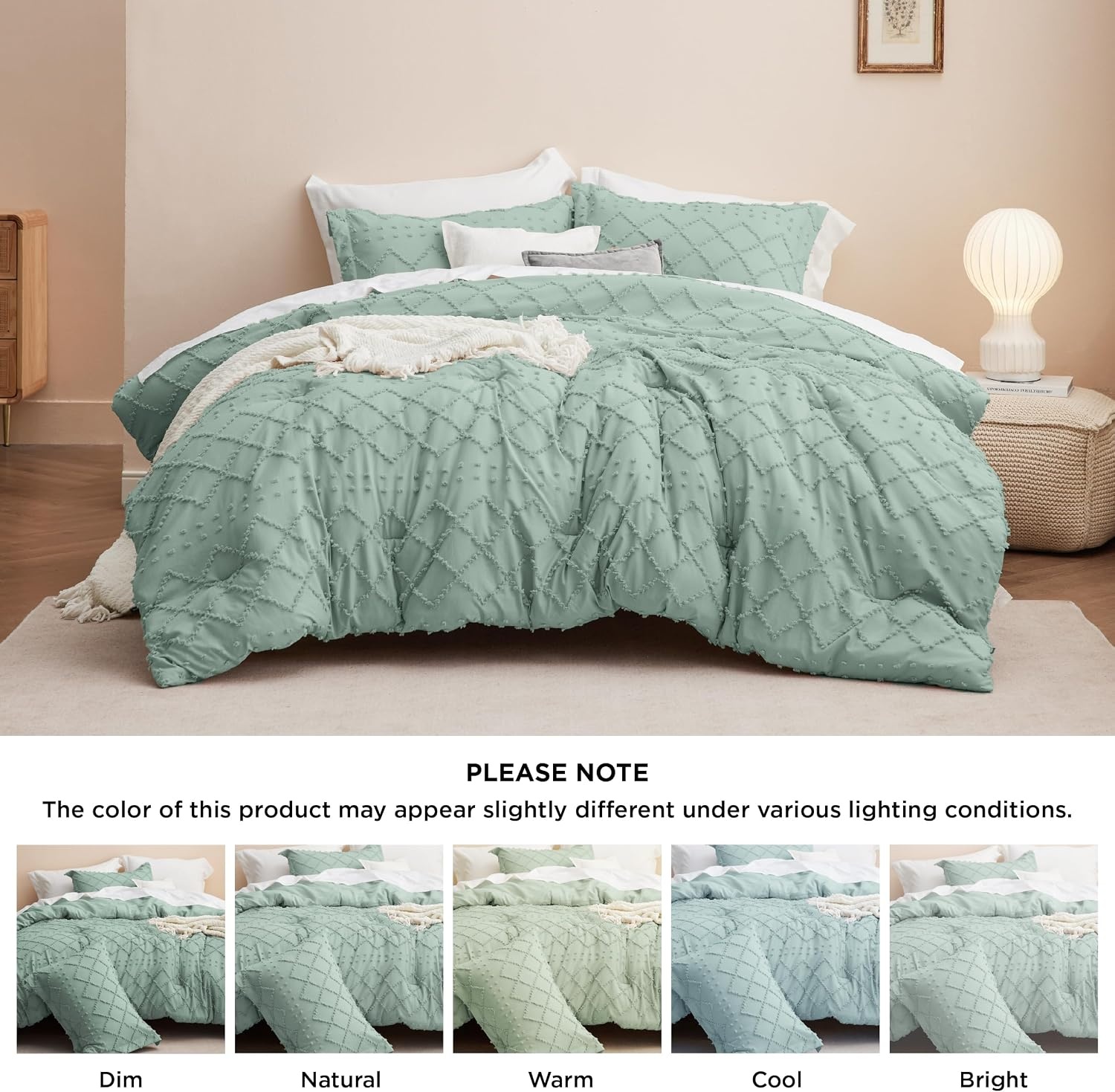 image:imageBedsure Twin XL Comforter Set  White Comforter Boho Tufted Distressed Vintage Bedding for Kids 2 Pieces FarmhouseStyle Bed Set for All Seasons Fluffy Soft Bedding with 1 Pillow Sham12  Sage Green