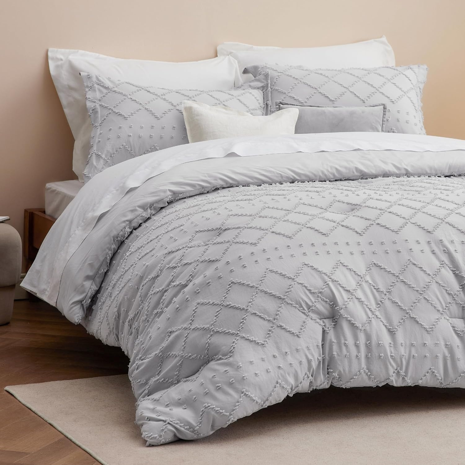 image:imageBedsure Twin XL Comforter Set  White Comforter Boho Tufted Distressed Vintage Bedding for Kids 2 Pieces FarmhouseStyle Bed Set for All Seasons Fluffy Soft Bedding with 1 Pillow Sham15  Light Grey