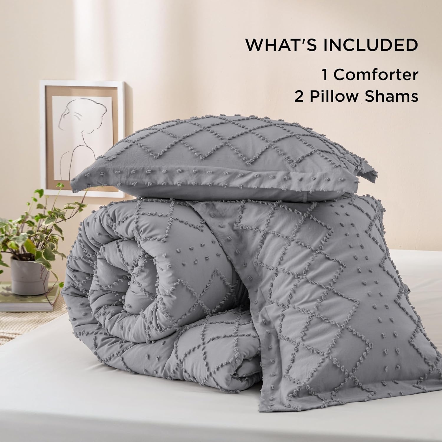 image:imageBedsure Twin XL Comforter Set  White Comforter Boho Tufted Distressed Vintage Bedding for Kids 2 Pieces FarmhouseStyle Bed Set for All Seasons Fluffy Soft Bedding with 1 Pillow Sham20  Grey