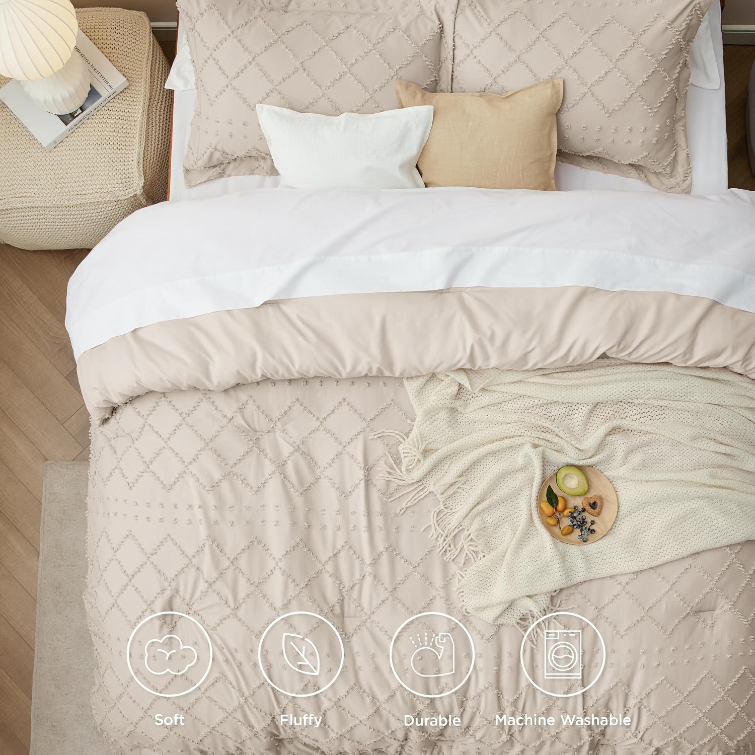 image:imageBedsure Twin XL Comforter Set  White Comforter Boho Tufted Distressed Vintage Bedding for Kids 2 Pieces FarmhouseStyle Bed Set for All Seasons Fluffy Soft Bedding with 1 Pillow Sham06  Beige