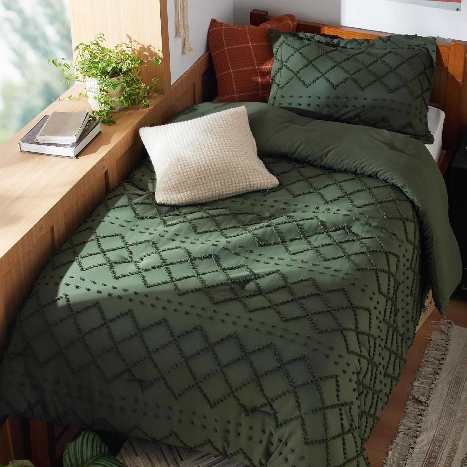 image:imageBedsure Twin XL Comforter Set White Comforter Boho Tufted Distressed Vintage Bedding for Kids 2 Pieces FarmhouseStyle Bed Set for All Seasons Fluffy Soft Bedding with 1 Pillow Sham02 Olive Green