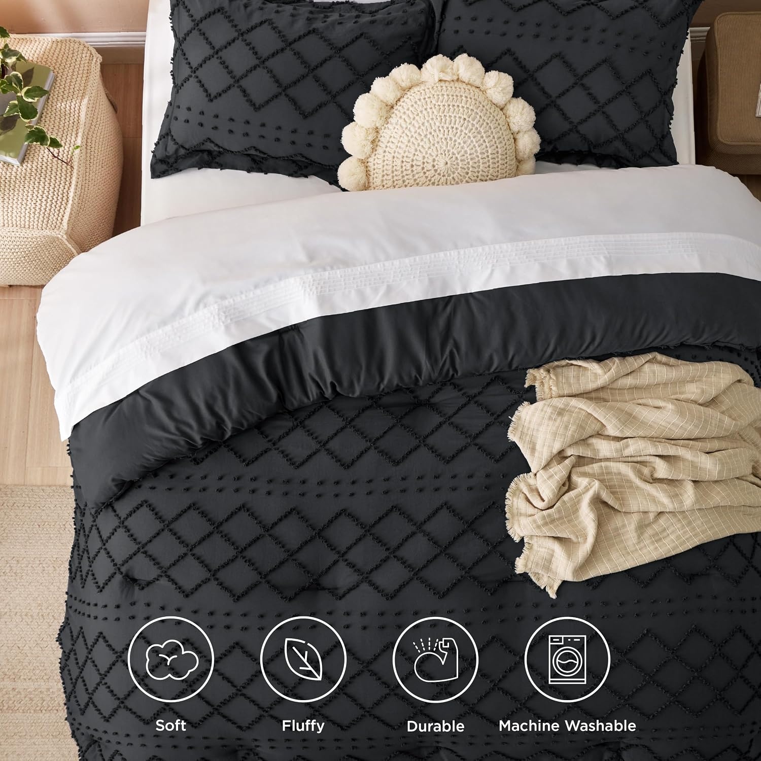 image:imageBedsure Twin XL Comforter Set  White Comforter Boho Tufted Distressed Vintage Bedding for Kids 2 Pieces FarmhouseStyle Bed Set for All Seasons Fluffy Soft Bedding with 1 Pillow Sham03  Black