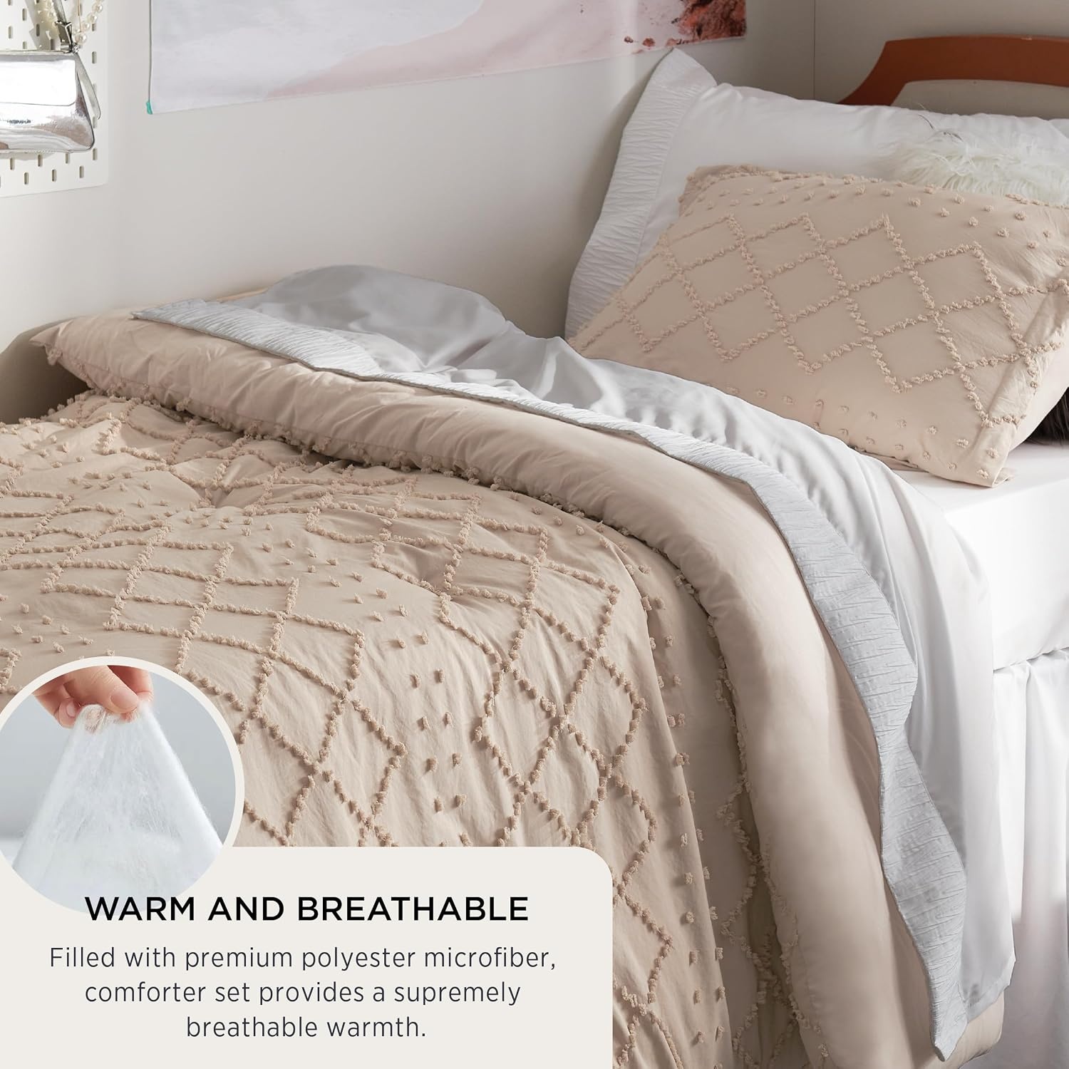image:imageBedsure Twin XL Comforter Set  White Comforter Boho Tufted Distressed Vintage Bedding for Kids 2 Pieces FarmhouseStyle Bed Set for All Seasons Fluffy Soft Bedding with 1 Pillow Sham16  Warm Tan