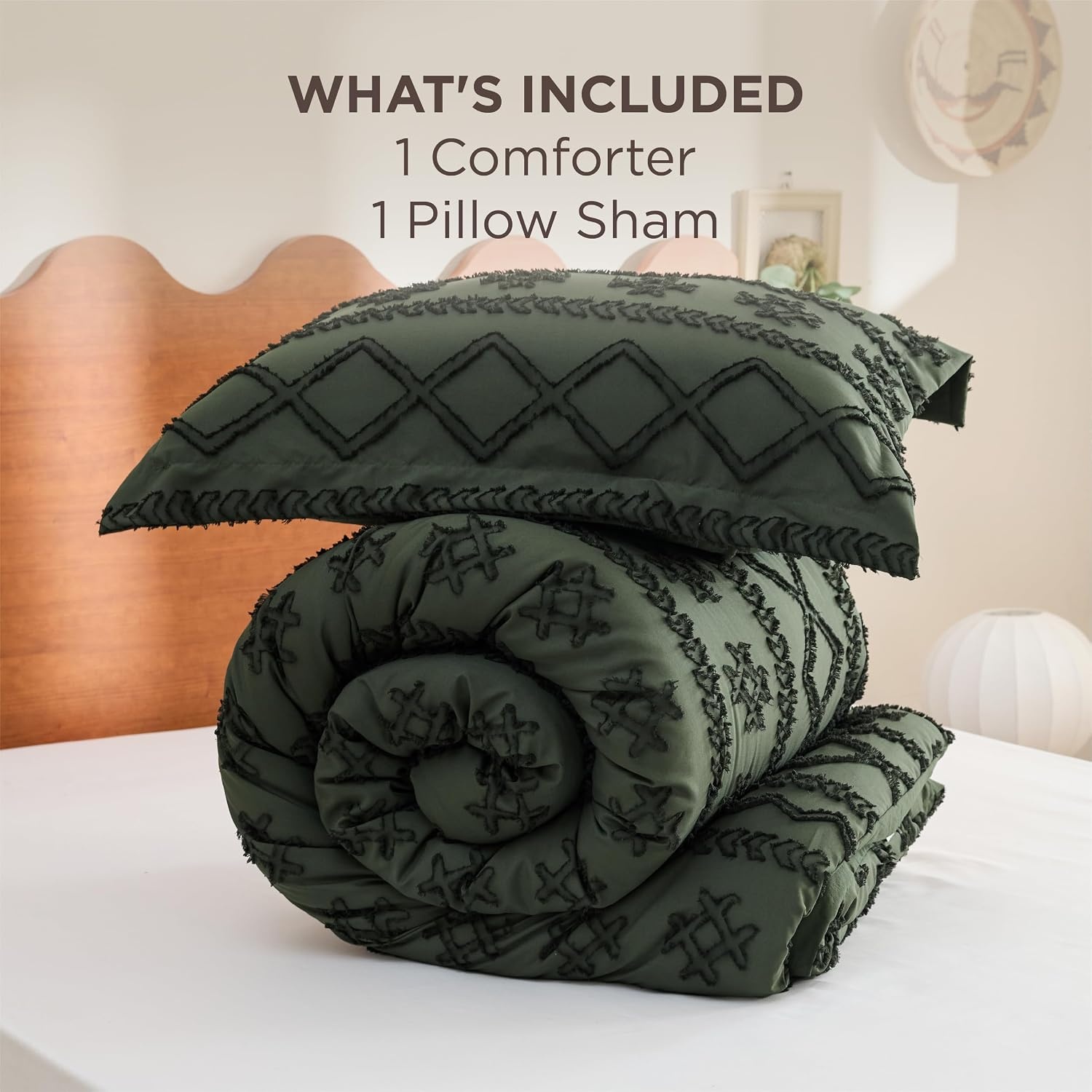 image:imageBedsure Twin XL Comforter Set  White Comforter Boho Tufted Distressed Vintage Bedding for Kids 2 Pieces FarmhouseStyle Bed Set for All Seasons Fluffy Soft Bedding with 1 Pillow Sham09  Olive Green  Wave Like