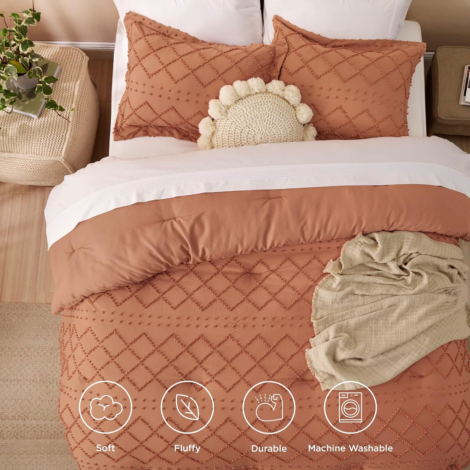 image:imageBedsure Twin XL Comforter Set White Comforter Boho Tufted Distressed Vintage Bedding for Kids 2 Pieces FarmhouseStyle Bed Set for All Seasons Fluffy Soft Bedding with 1 Pillow Sham24 Pumpkin