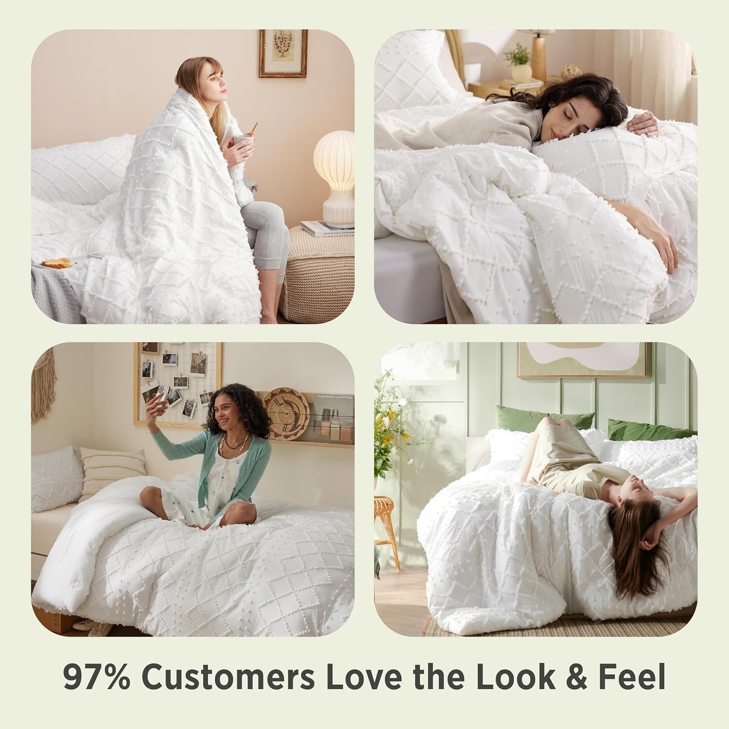 image:imageBedsure Twin XL Comforter Set  White Comforter Boho Tufted Distressed Vintage Bedding for Kids 2 Pieces FarmhouseStyle Bed Set for All Seasons Fluffy Soft Bedding with 1 Pillow Sham01  Natural White