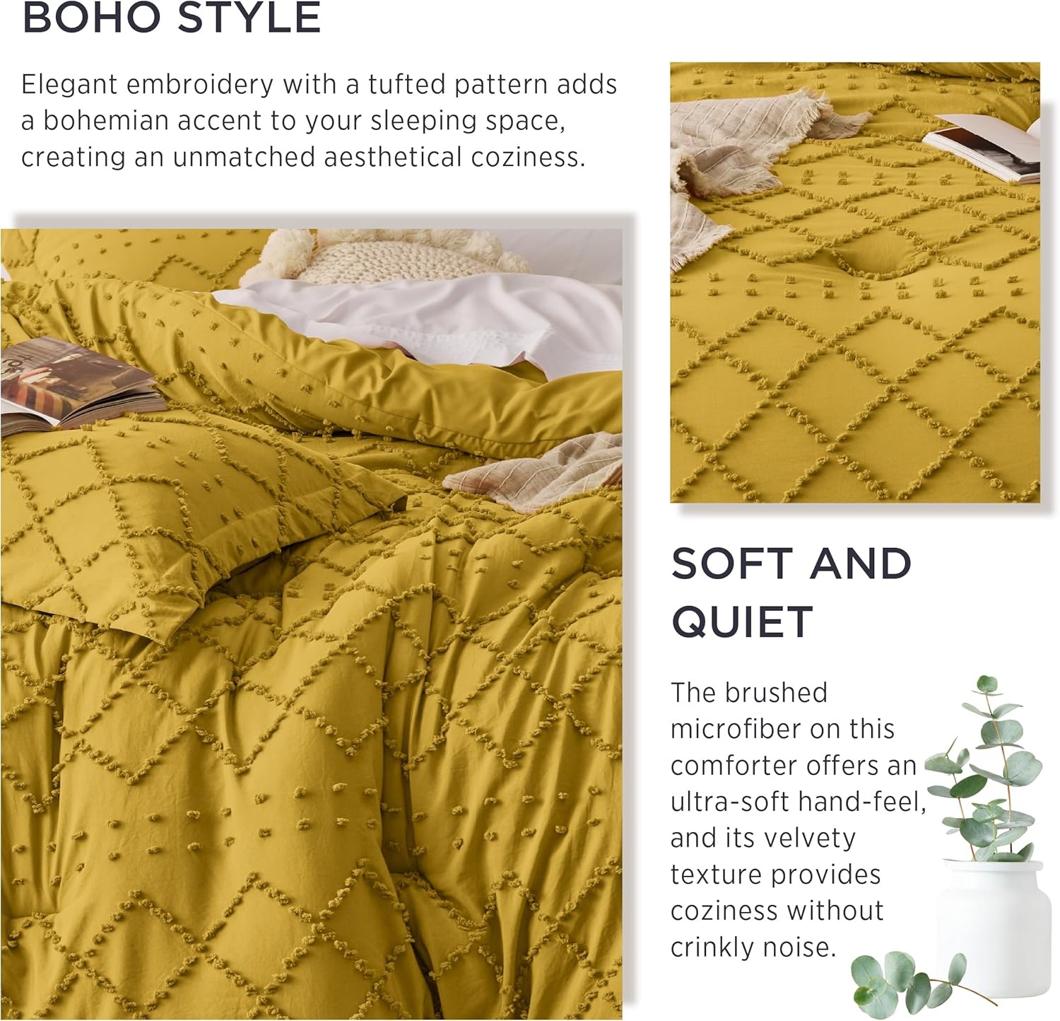 image:imageBedsure Twin XL Comforter Set  White Comforter Boho Tufted Distressed Vintage Bedding for Kids 2 Pieces FarmhouseStyle Bed Set for All Seasons Fluffy Soft Bedding with 1 Pillow Sham22  Mustard Yellow