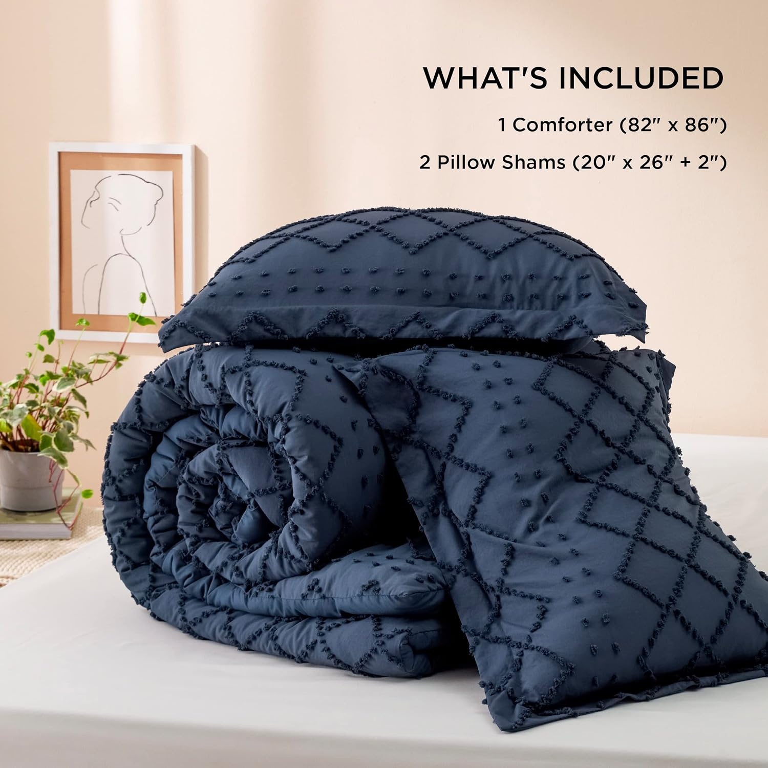 image:imageBedsure Twin XL Comforter Set  White Comforter Boho Tufted Distressed Vintage Bedding for Kids 2 Pieces FarmhouseStyle Bed Set for All Seasons Fluffy Soft Bedding with 1 Pillow Sham05  Navy