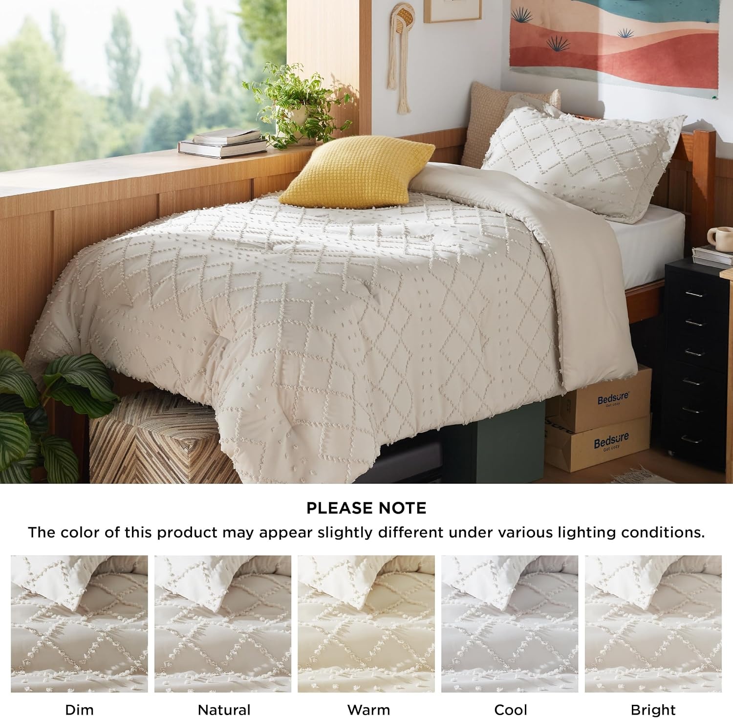 image:imageBedsure Twin XL Comforter Set  White Comforter Boho Tufted Distressed Vintage Bedding for Kids 2 Pieces FarmhouseStyle Bed Set for All Seasons Fluffy Soft Bedding with 1 Pillow Sham06  Beige