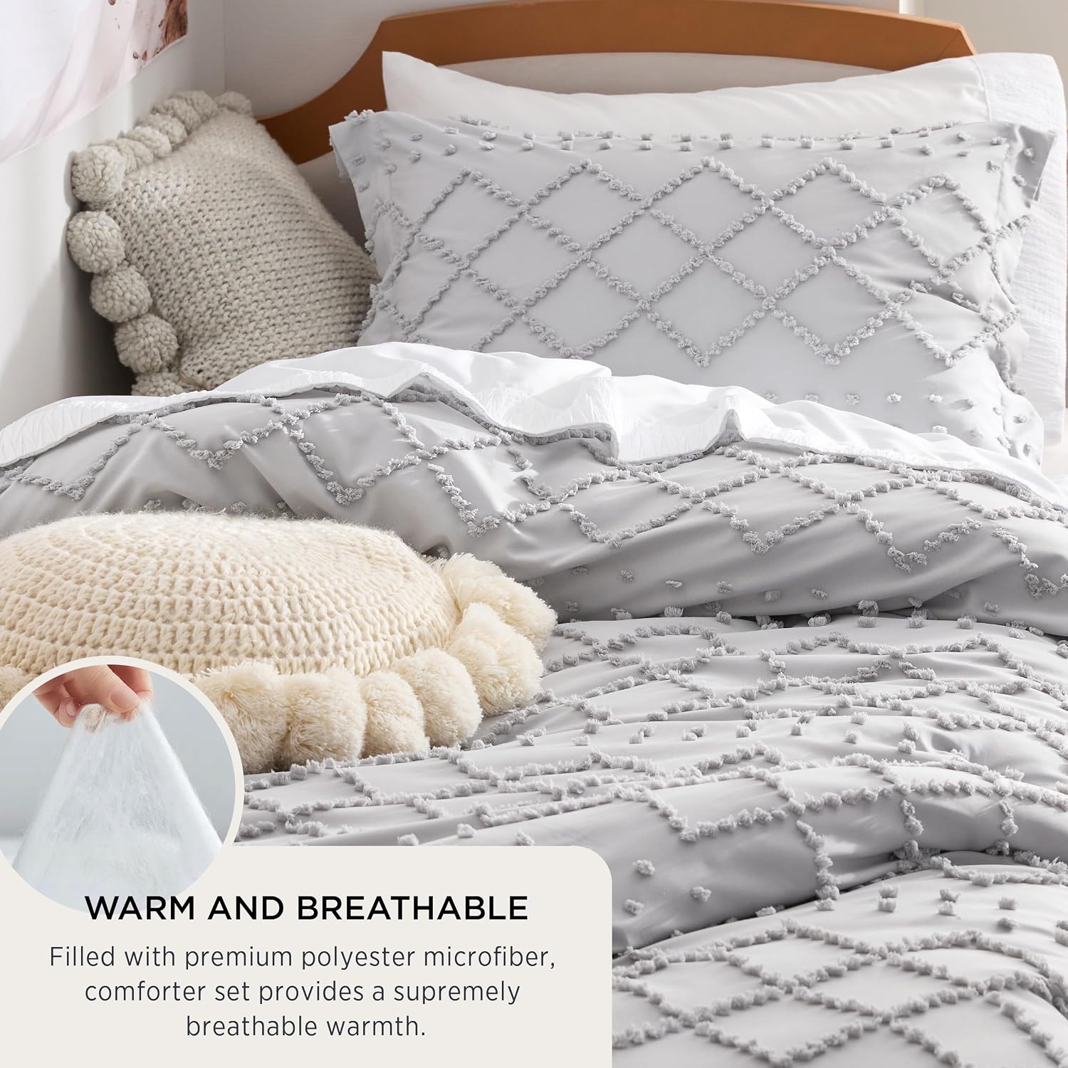 image:imageBedsure Twin XL Comforter Set  White Comforter Boho Tufted Distressed Vintage Bedding for Kids 2 Pieces FarmhouseStyle Bed Set for All Seasons Fluffy Soft Bedding with 1 Pillow Sham15  Light Grey
