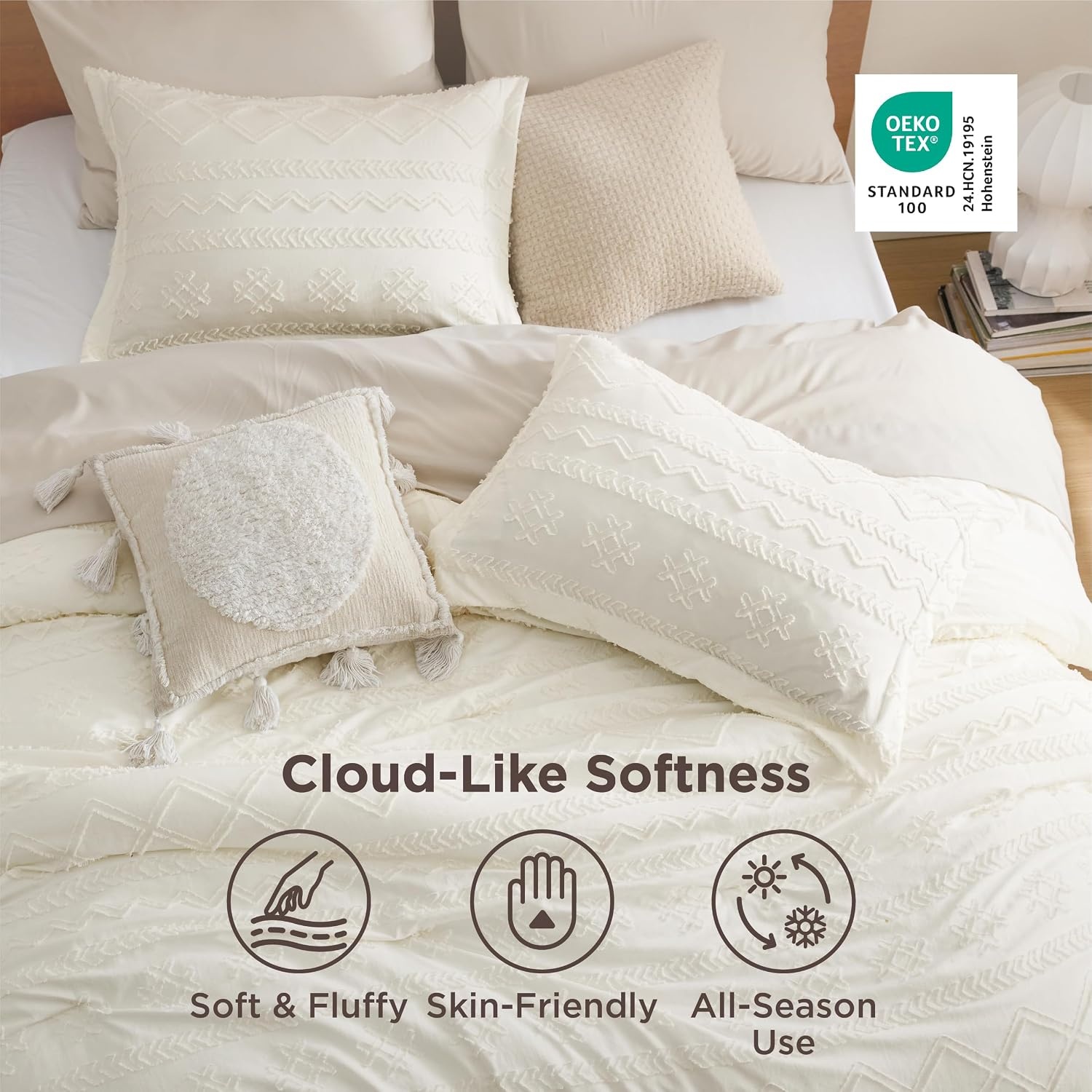 image:imageBedsure Twin XL Comforter Set  White Comforter Boho Tufted Distressed Vintage Bedding for Kids 2 Pieces FarmhouseStyle Bed Set for All Seasons Fluffy Soft Bedding with 1 Pillow Sham07  White  Wave Like