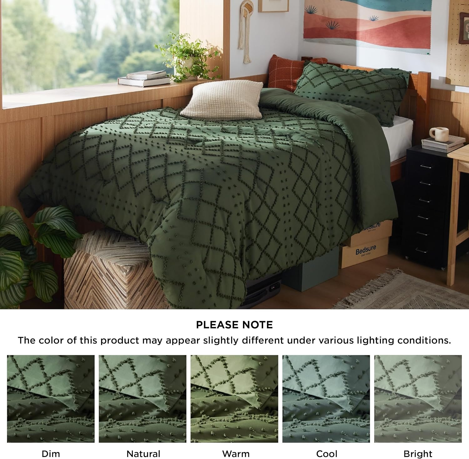 image:imageBedsure Twin XL Comforter Set White Comforter Boho Tufted Distressed Vintage Bedding for Kids 2 Pieces FarmhouseStyle Bed Set for All Seasons Fluffy Soft Bedding with 1 Pillow Sham02 Olive Green