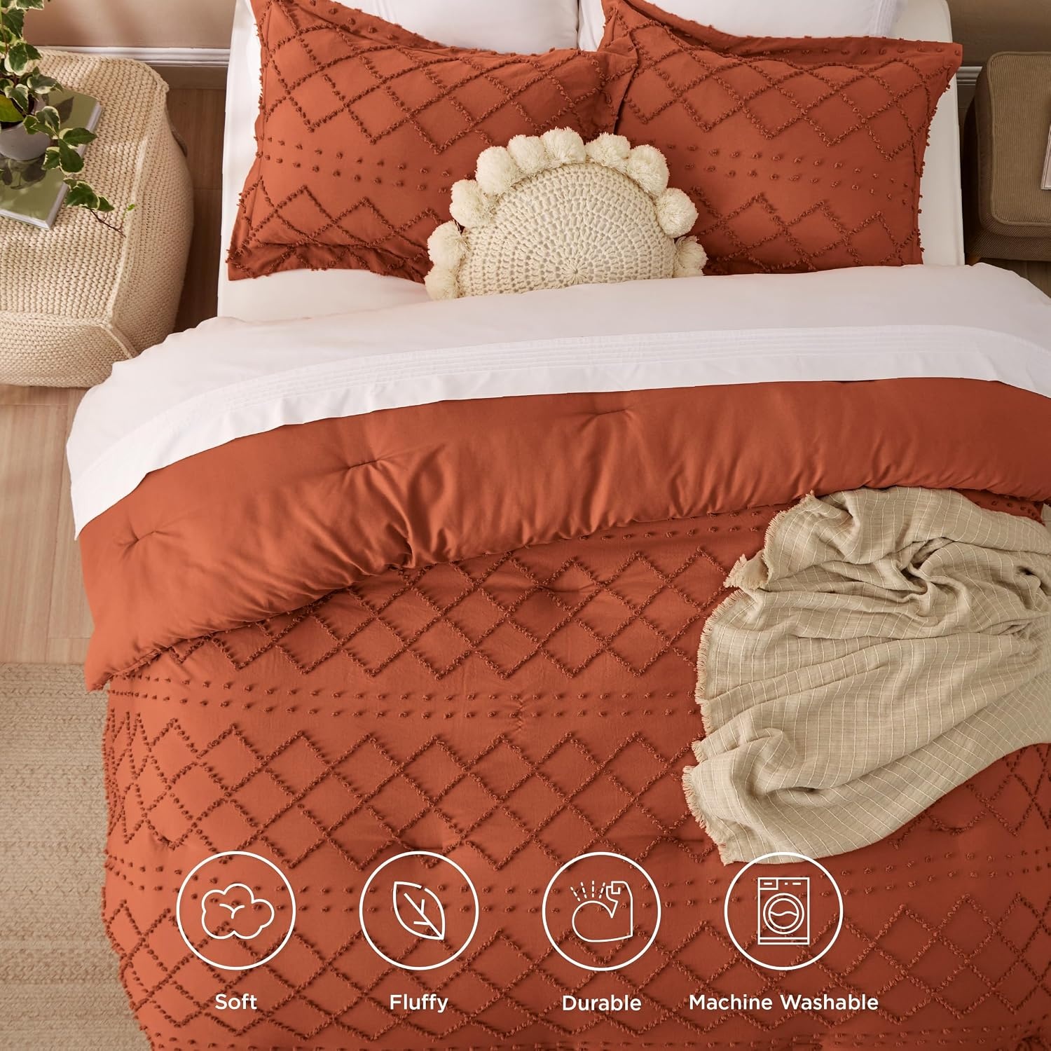 image:imageBedsure Twin XL Comforter Set  White Comforter Boho Tufted Distressed Vintage Bedding for Kids 2 Pieces FarmhouseStyle Bed Set for All Seasons Fluffy Soft Bedding with 1 Pillow Sham19  Terracotta