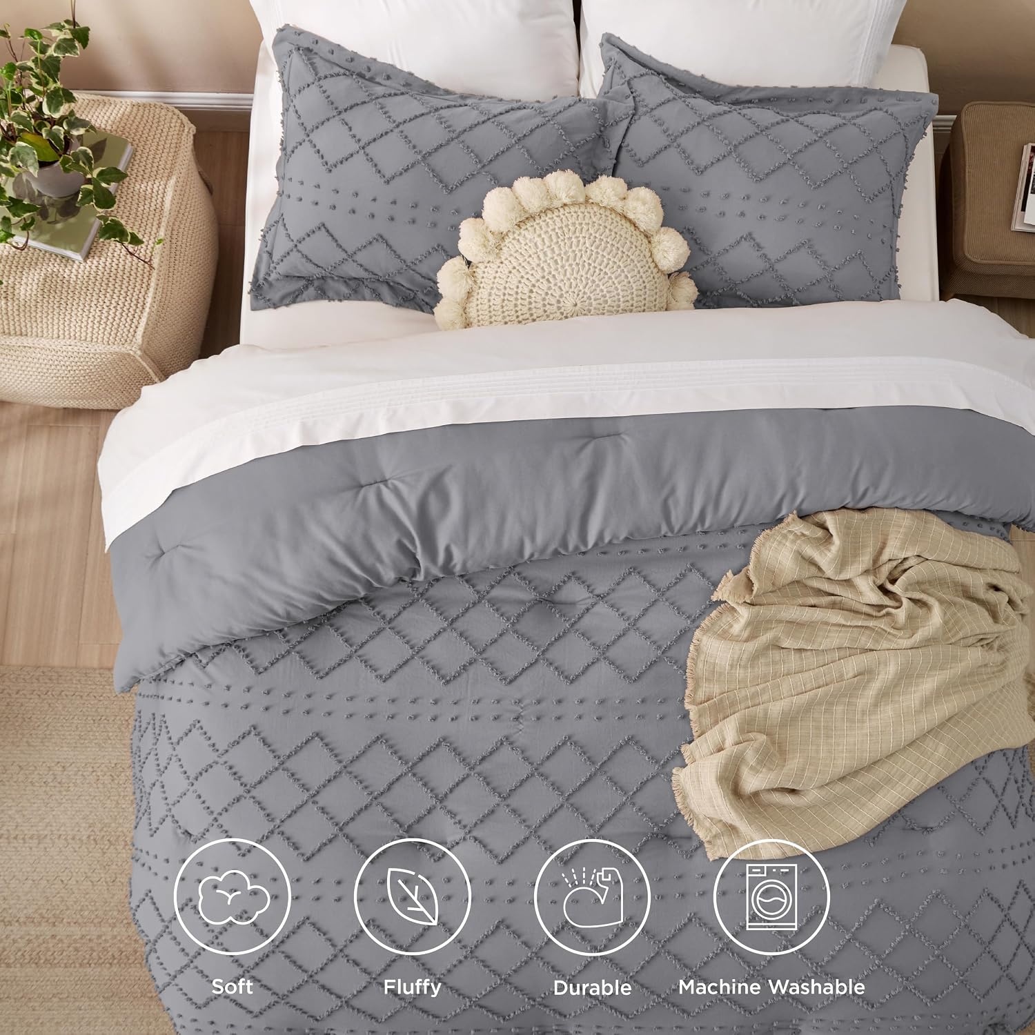 image:imageBedsure Twin XL Comforter Set  White Comforter Boho Tufted Distressed Vintage Bedding for Kids 2 Pieces FarmhouseStyle Bed Set for All Seasons Fluffy Soft Bedding with 1 Pillow Sham20  Grey
