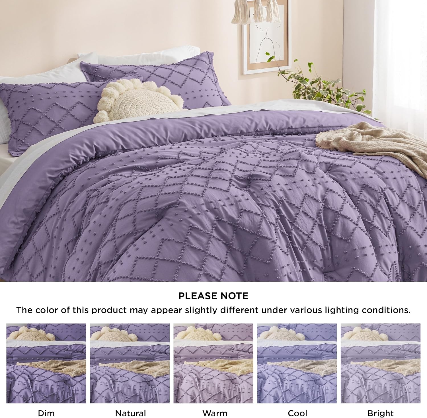image:imageBedsure Twin XL Comforter Set White Comforter Boho Tufted Distressed Vintage Bedding for Kids 2 Pieces FarmhouseStyle Bed Set for All Seasons Fluffy Soft Bedding with 1 Pillow Sham13 Grayish Purple