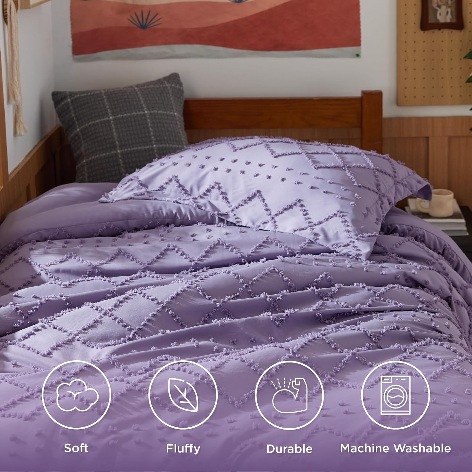 image:imageBedsure Twin XL Comforter Set White Comforter Boho Tufted Distressed Vintage Bedding for Kids 2 Pieces FarmhouseStyle Bed Set for All Seasons Fluffy Soft Bedding with 1 Pillow Sham13 Grayish Purple
