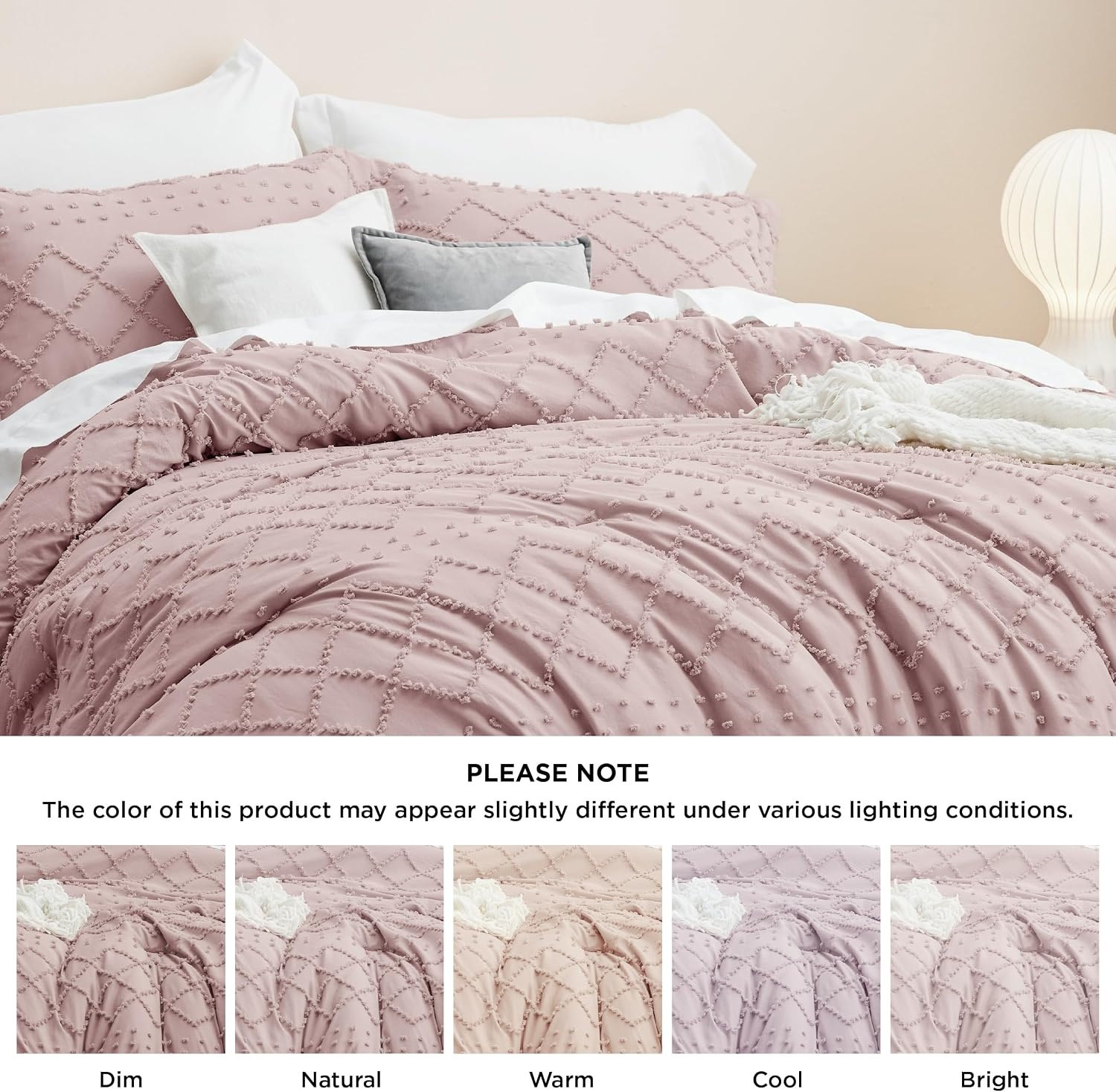 image:imageBedsure Twin XL Comforter Set  White Comforter Boho Tufted Distressed Vintage Bedding for Kids 2 Pieces FarmhouseStyle Bed Set for All Seasons Fluffy Soft Bedding with 1 Pillow Sham18  Dusty Rose