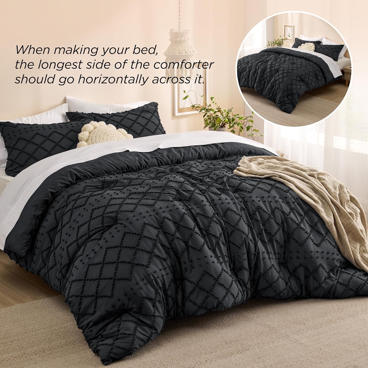 image:imageBedsure Twin XL Comforter Set  White Comforter Boho Tufted Distressed Vintage Bedding for Kids 2 Pieces FarmhouseStyle Bed Set for All Seasons Fluffy Soft Bedding with 1 Pillow Sham03  Black