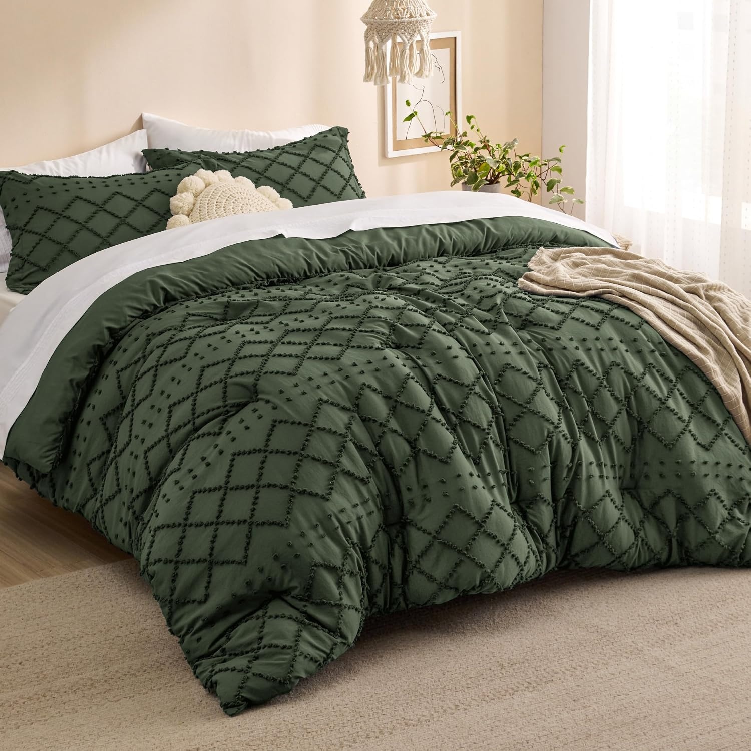 image:imageBedsure Twin XL Comforter Set White Comforter Boho Tufted Distressed Vintage Bedding for Kids 2 Pieces FarmhouseStyle Bed Set for All Seasons Fluffy Soft Bedding with 1 Pillow Sham02 Olive Green