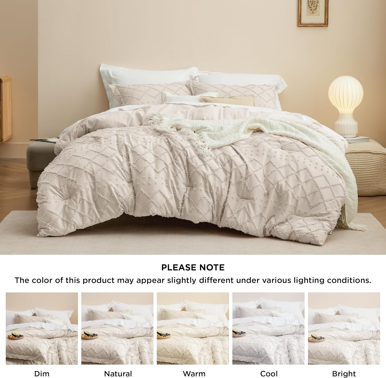 image:imageBedsure Twin XL Comforter Set  White Comforter Boho Tufted Distressed Vintage Bedding for Kids 2 Pieces FarmhouseStyle Bed Set for All Seasons Fluffy Soft Bedding with 1 Pillow Sham06  Beige