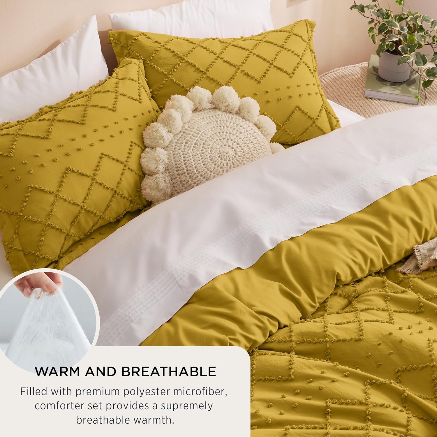 image:imageBedsure Twin XL Comforter Set  White Comforter Boho Tufted Distressed Vintage Bedding for Kids 2 Pieces FarmhouseStyle Bed Set for All Seasons Fluffy Soft Bedding with 1 Pillow Sham22  Mustard Yellow