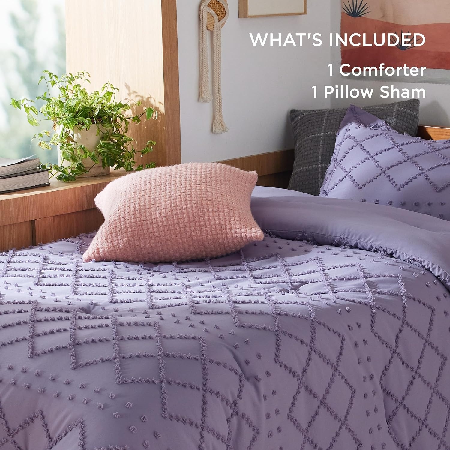 image:imageBedsure Twin XL Comforter Set White Comforter Boho Tufted Distressed Vintage Bedding for Kids 2 Pieces FarmhouseStyle Bed Set for All Seasons Fluffy Soft Bedding with 1 Pillow Sham13 Grayish Purple