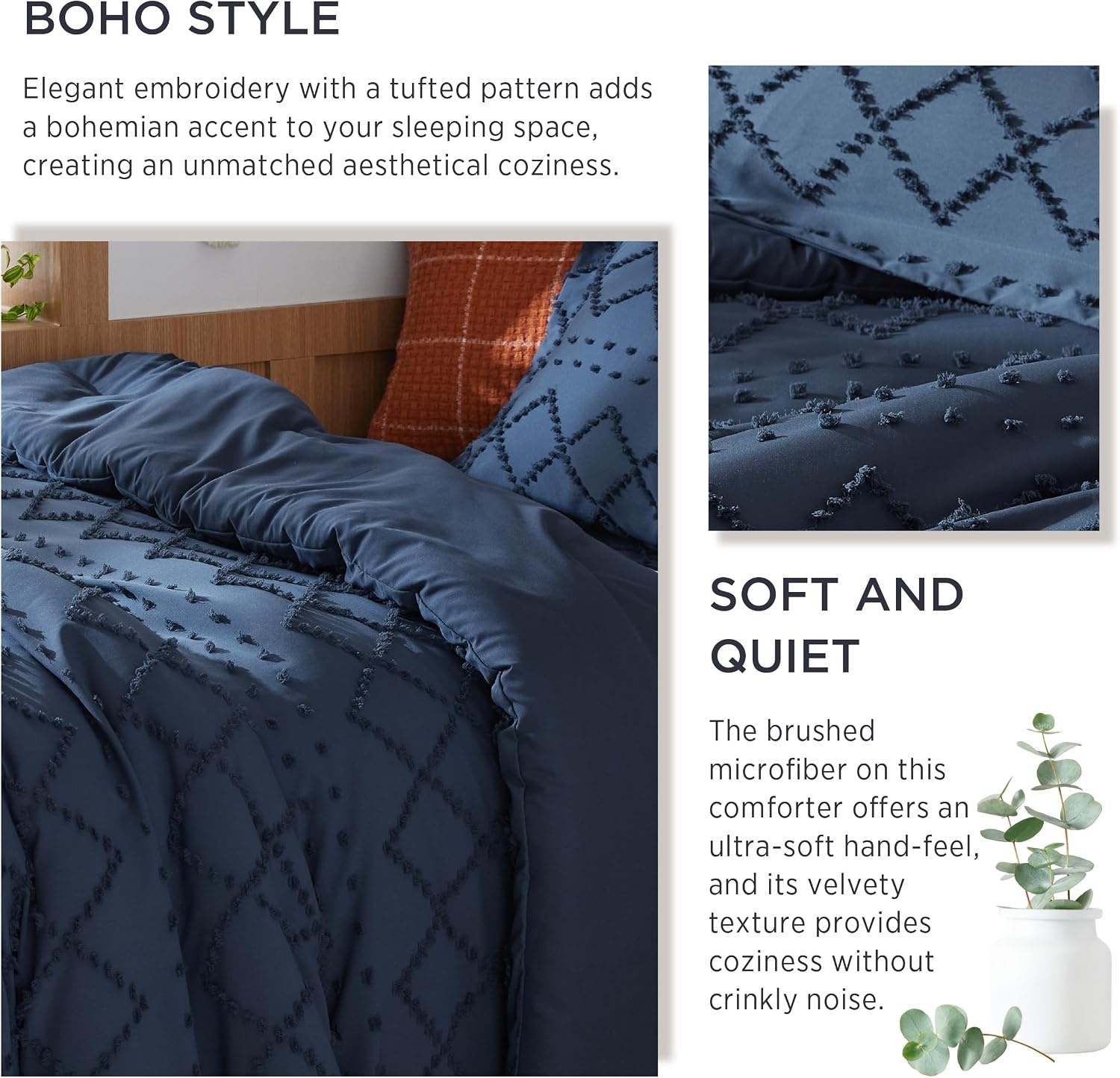 image:imageBedsure Twin XL Comforter Set  White Comforter Boho Tufted Distressed Vintage Bedding for Kids 2 Pieces FarmhouseStyle Bed Set for All Seasons Fluffy Soft Bedding with 1 Pillow Sham05  Navy