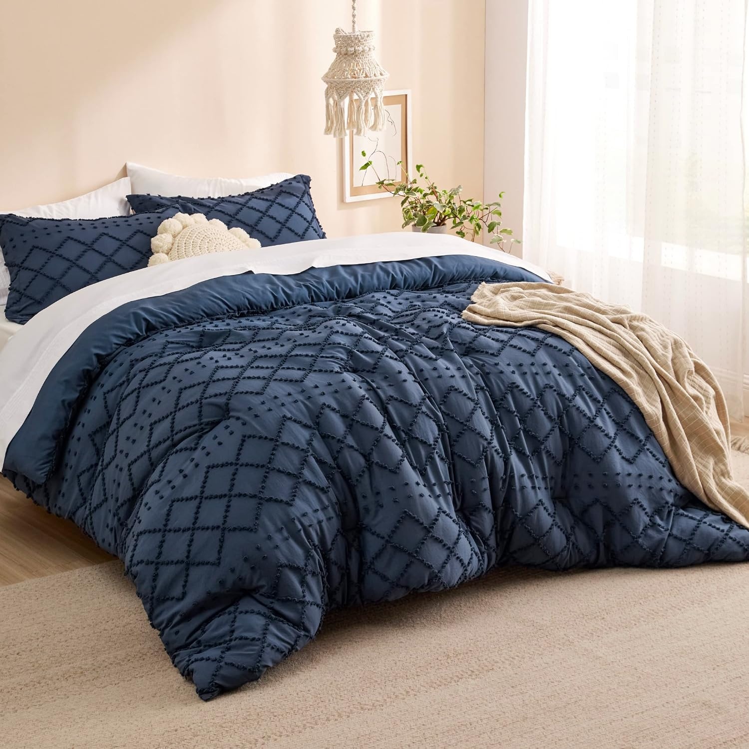 image:imageBedsure Twin XL Comforter Set  White Comforter Boho Tufted Distressed Vintage Bedding for Kids 2 Pieces FarmhouseStyle Bed Set for All Seasons Fluffy Soft Bedding with 1 Pillow Sham05  Navy