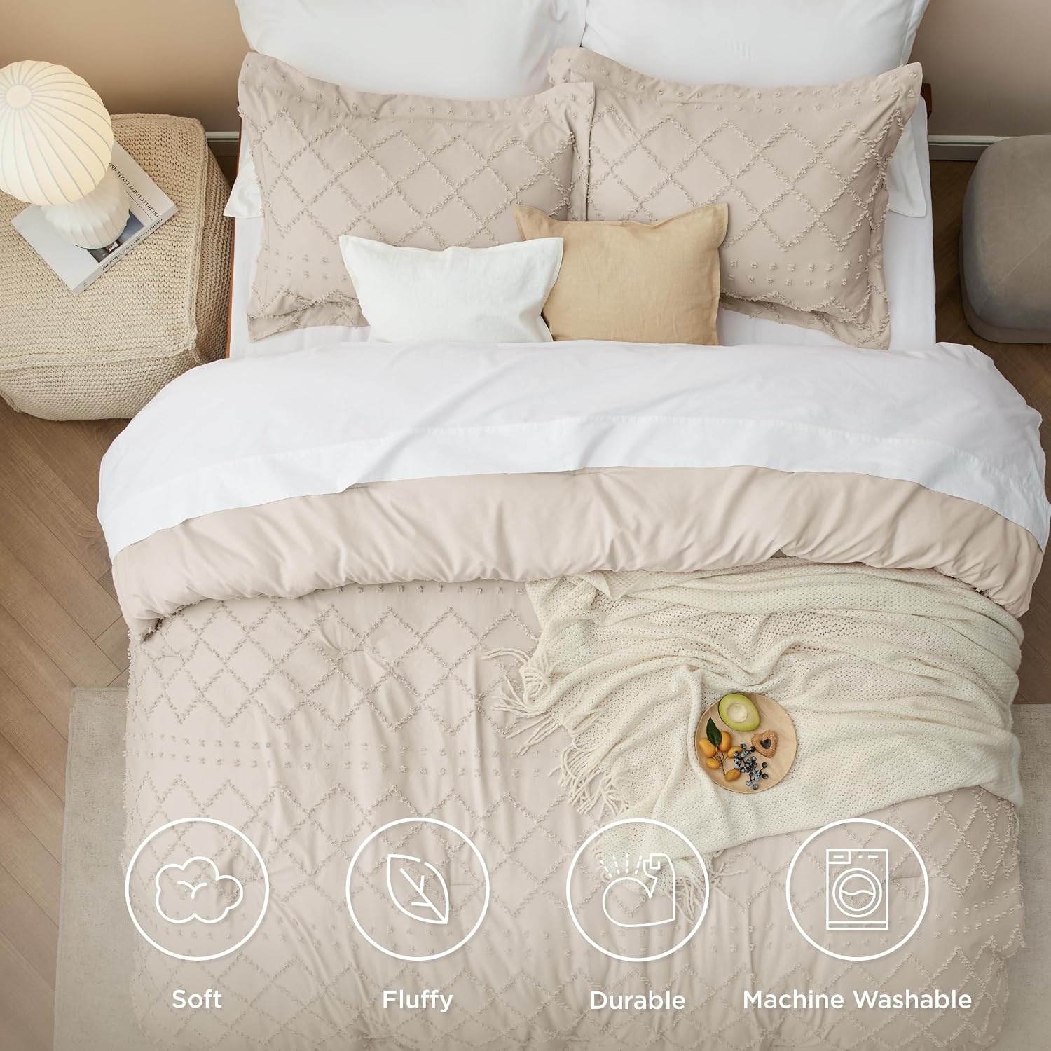image:imageBedsure Twin XL Comforter Set  White Comforter Boho Tufted Distressed Vintage Bedding for Kids 2 Pieces FarmhouseStyle Bed Set for All Seasons Fluffy Soft Bedding with 1 Pillow Sham06  Beige