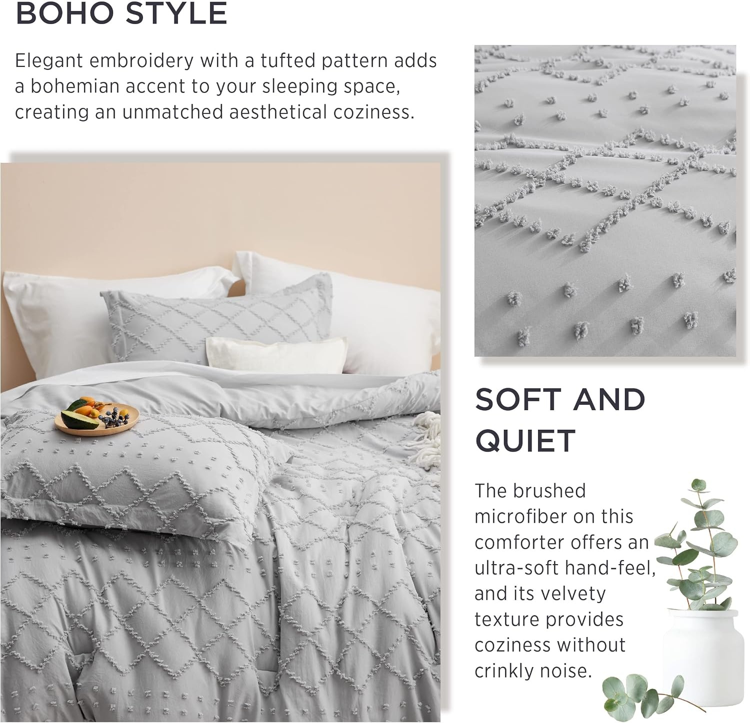 image:imageBedsure Twin XL Comforter Set  White Comforter Boho Tufted Distressed Vintage Bedding for Kids 2 Pieces FarmhouseStyle Bed Set for All Seasons Fluffy Soft Bedding with 1 Pillow Sham15  Light Grey