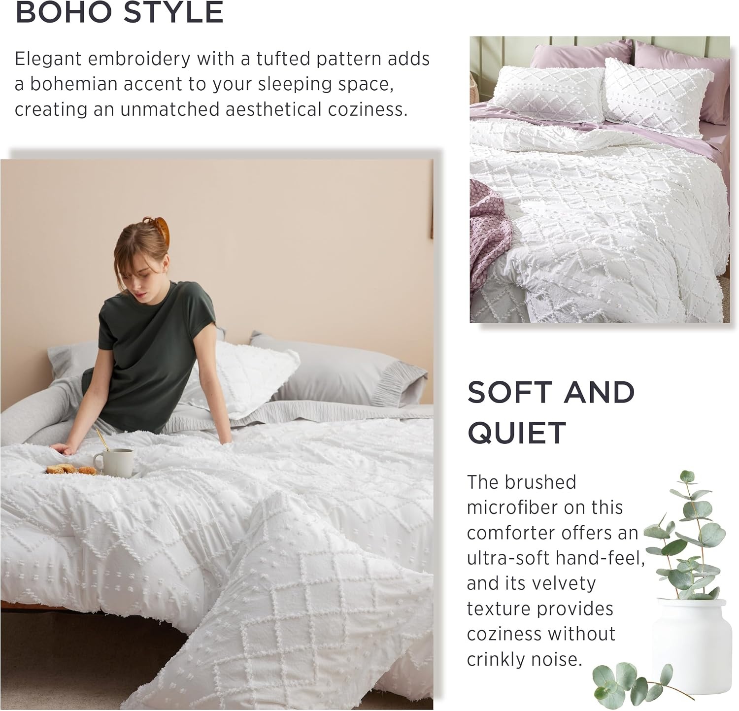 image:imageBedsure Twin XL Comforter Set White Comforter Boho Tufted Distressed Vintage Bedding for Kids 2 Pieces FarmhouseStyle Bed Set for All Seasons Fluffy Soft Bedding with 1 Pillow Sham13 Grayish Purple