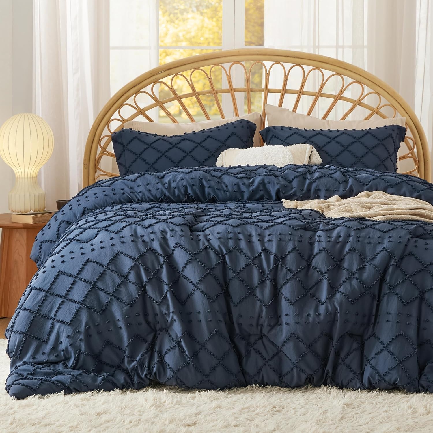 image:imageBedsure Twin XL Comforter Set  White Comforter Boho Tufted Distressed Vintage Bedding for Kids 2 Pieces FarmhouseStyle Bed Set for All Seasons Fluffy Soft Bedding with 1 Pillow Sham05  Navy