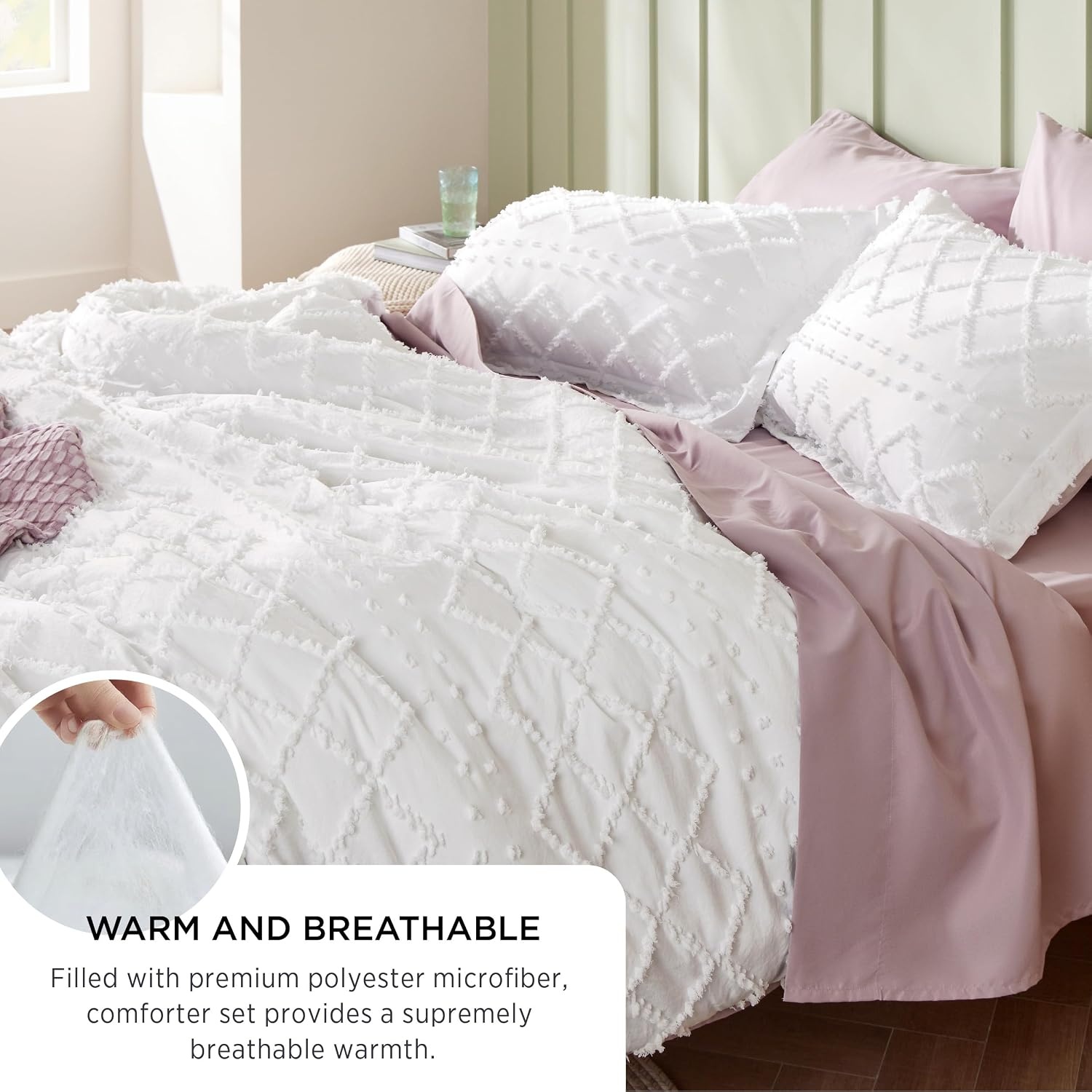 image:imageBedsure Twin XL Comforter Set White Comforter Boho Tufted Distressed Vintage Bedding for Kids 2 Pieces FarmhouseStyle Bed Set for All Seasons Fluffy Soft Bedding with 1 Pillow Sham13 Grayish Purple