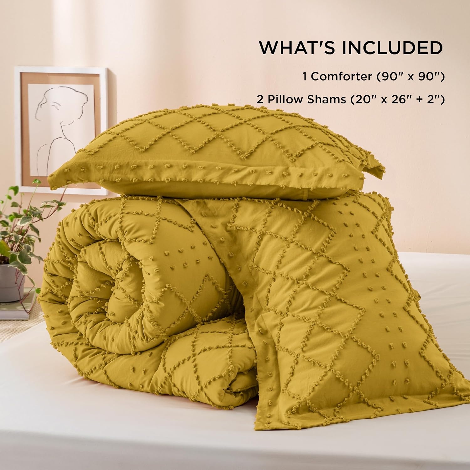image:imageBedsure Twin XL Comforter Set  White Comforter Boho Tufted Distressed Vintage Bedding for Kids 2 Pieces FarmhouseStyle Bed Set for All Seasons Fluffy Soft Bedding with 1 Pillow Sham22  Mustard Yellow