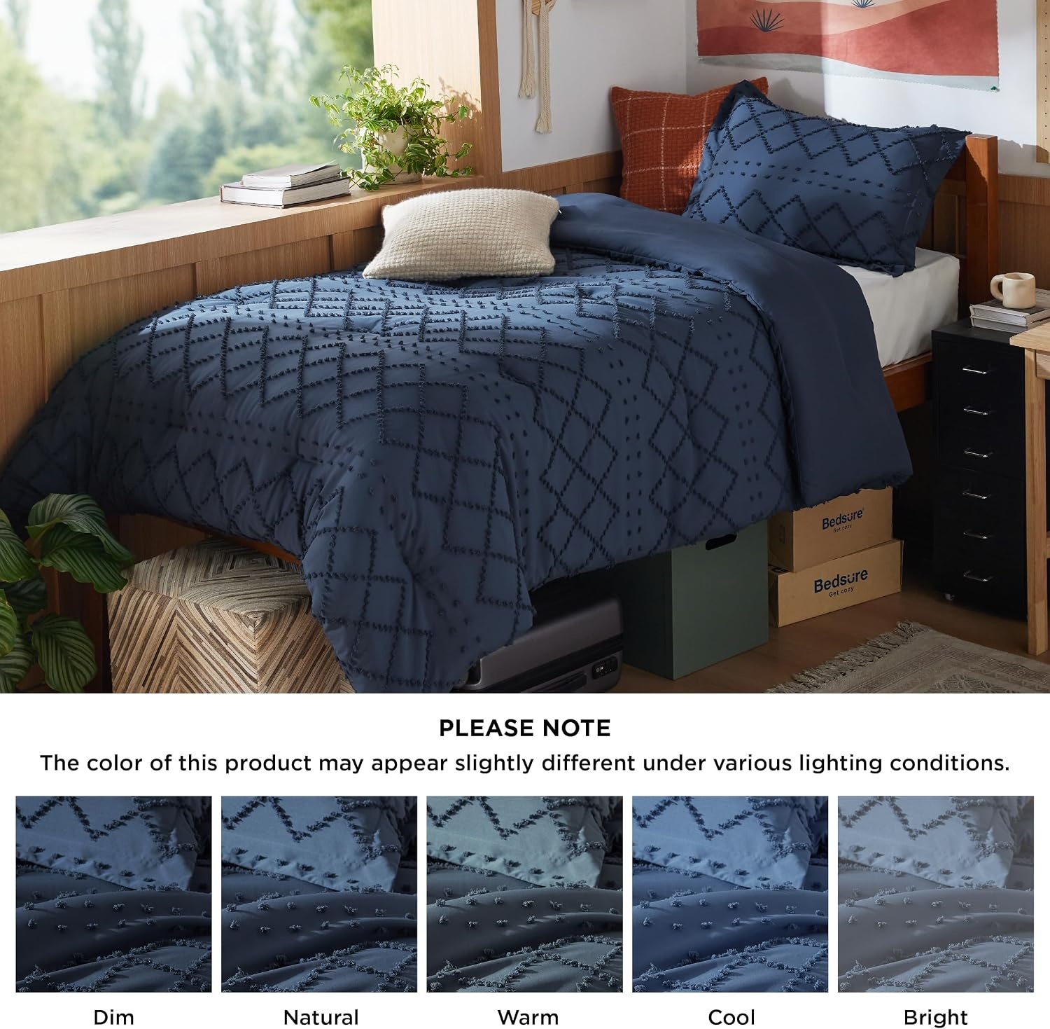 image:imageBedsure Twin XL Comforter Set  White Comforter Boho Tufted Distressed Vintage Bedding for Kids 2 Pieces FarmhouseStyle Bed Set for All Seasons Fluffy Soft Bedding with 1 Pillow Sham05  Navy