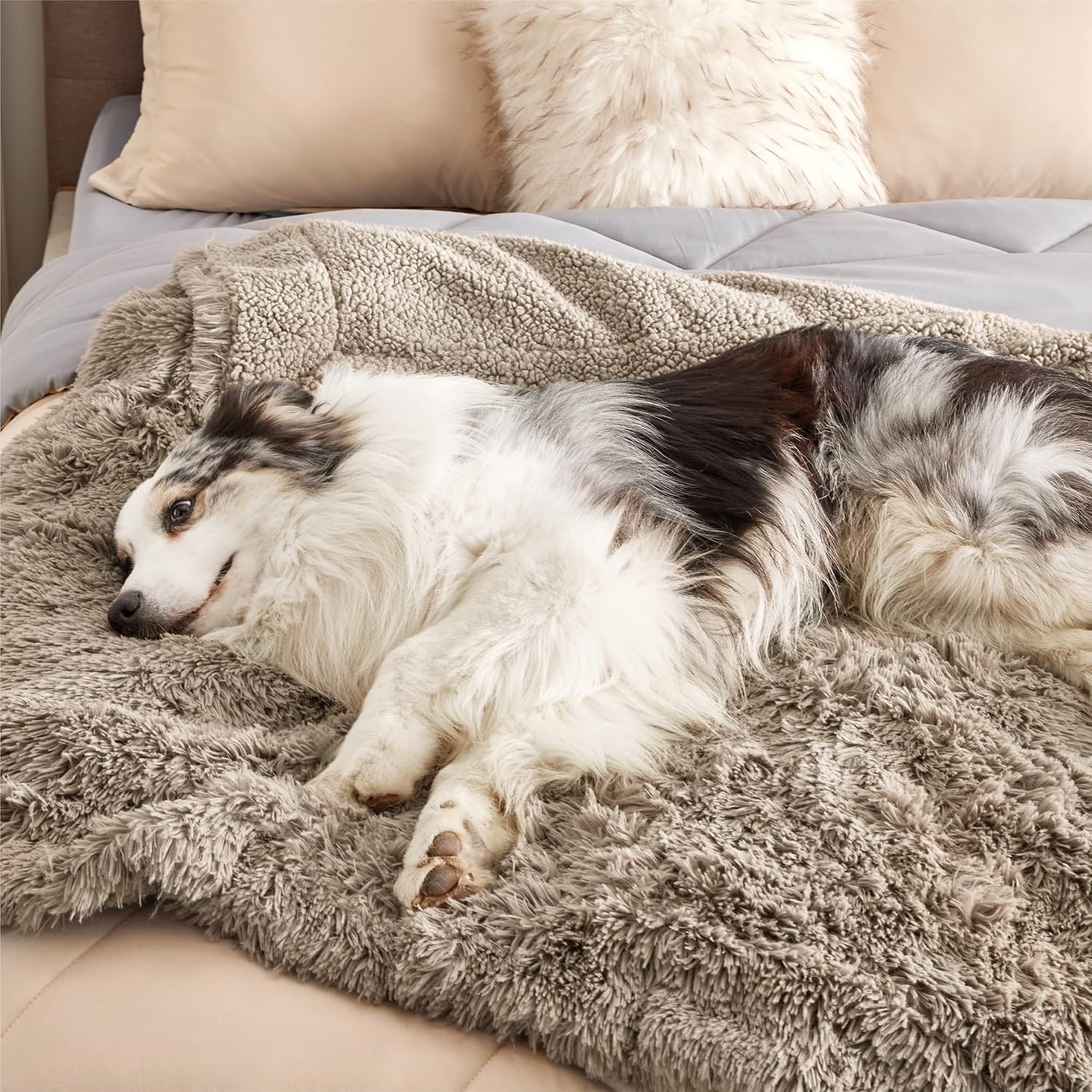 image:imageBedsure Waterproof Dog Blankets for Large Dogs Fluffy Faux Fur 6080 Plush Fuzzy Reversible Pet Blankets for Couch and Bed Soft Calming Throw Blanket Washable Dog Gift Twin SizeTiedye NavyLight Brown