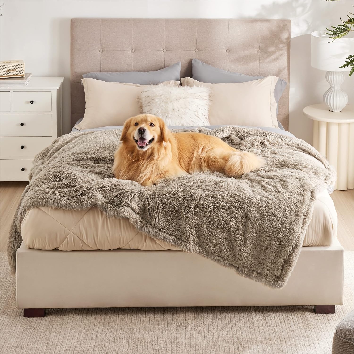 image:imageBedsure Waterproof Dog Blankets for Large Dogs Fluffy Faux Fur 6080 Plush Fuzzy Reversible Pet Blankets for Couch and Bed Soft Calming Throw Blanket Washable Dog Gift Twin SizeTiedye NavyLight Brown