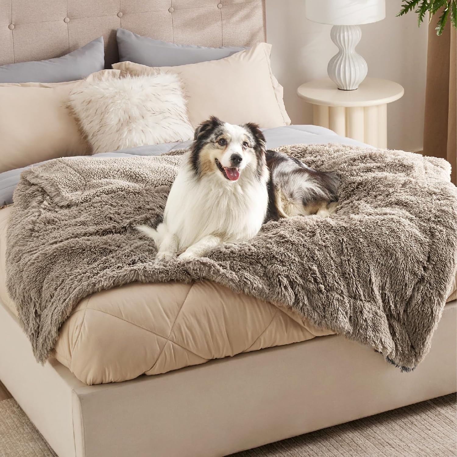 image:imageBedsure Waterproof Dog Blankets for Large Dogs Fluffy Faux Fur 6080 Plush Fuzzy Reversible Pet Blankets for Couch and Bed Soft Calming Throw Blanket Washable Dog Gift Twin SizeTiedye NavyLight Brown