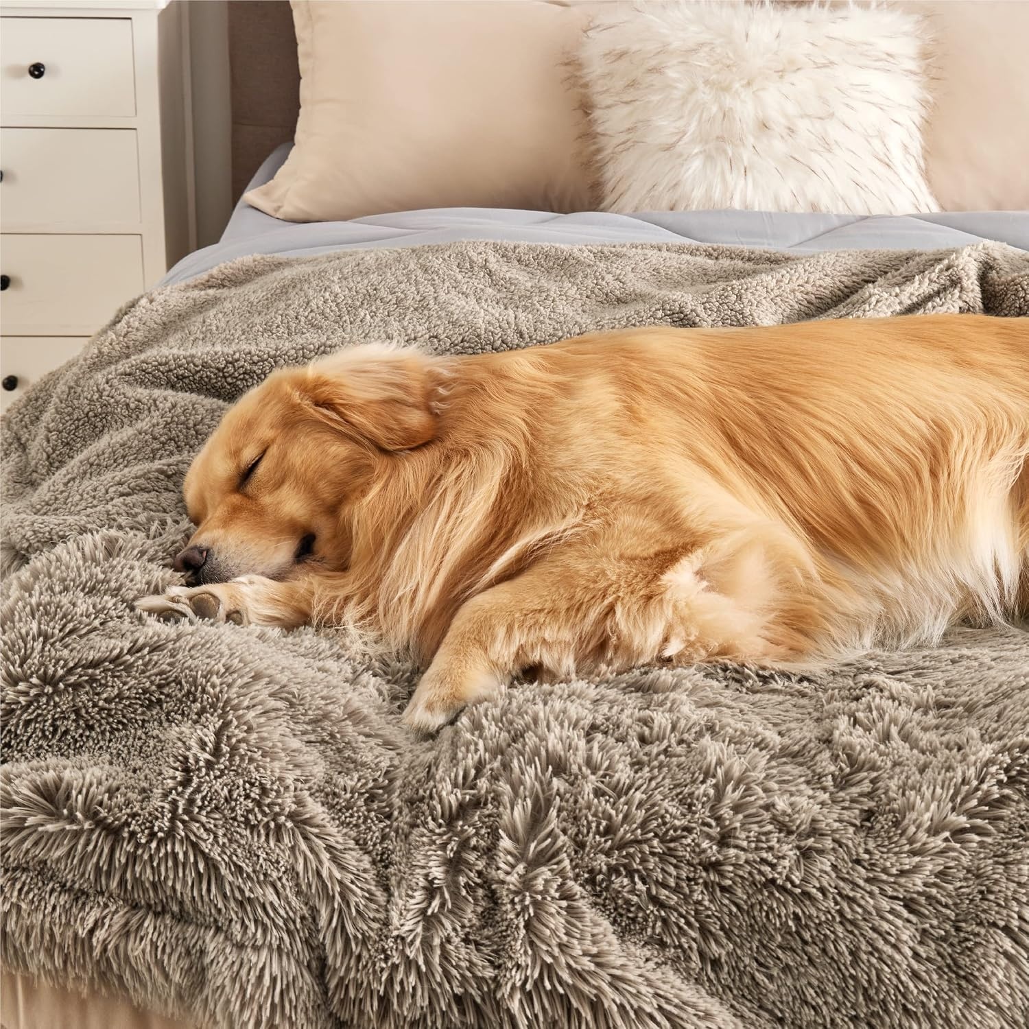 image:imageBedsure Waterproof Dog Blankets for Large Dogs Fluffy Faux Fur 6080 Plush Fuzzy Reversible Pet Blankets for Couch and Bed Soft Calming Throw Blanket Washable Dog Gift Twin SizeTiedye NavyLight Brown