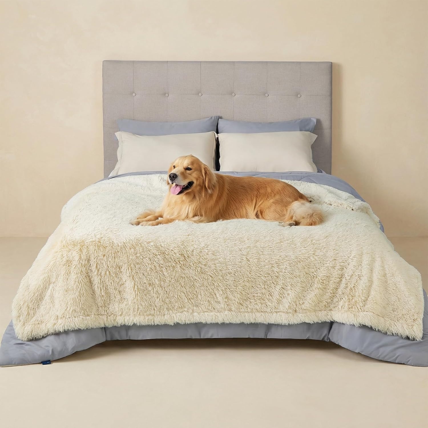 image:imageBedsure Waterproof Dog Blankets for Large Dogs Fluffy Faux Fur 6080 Plush Fuzzy Reversible Pet Blankets for Couch and Bed Soft Calming Throw Blanket Washable Dog Gift Twin SizeTiedye NavyCream