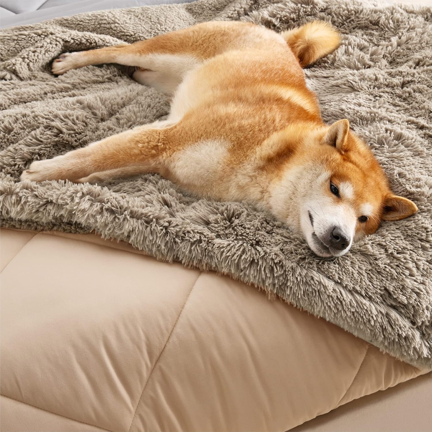 image:imageBedsure Waterproof Dog Blankets for Large Dogs Fluffy Faux Fur 6080 Plush Fuzzy Reversible Pet Blankets for Couch and Bed Soft Calming Throw Blanket Washable Dog Gift Twin SizeTiedye NavyLight Brown