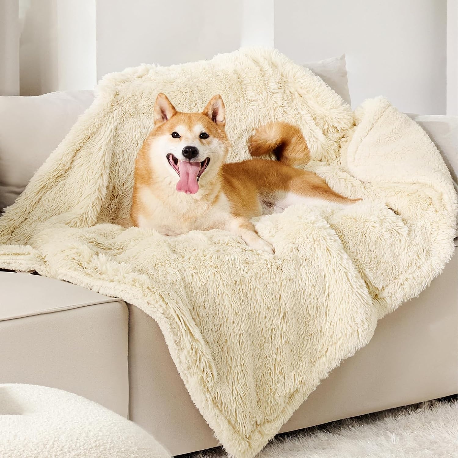 image:imageBedsure Waterproof Dog Blankets for Large Dogs Fluffy Faux Fur 6080 Plush Fuzzy Reversible Pet Blankets for Couch and Bed Soft Calming Throw Blanket Washable Dog Gift Twin SizeTiedye NavyCream